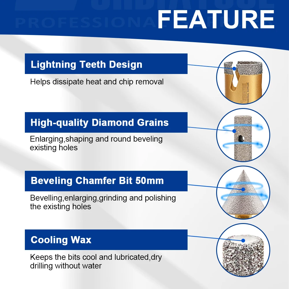 SHDIATOOL 11Pcs Diamond Drill Bit Kit 6/6/8/25/35/50/68mm Hole Saw+10mm Milling Bit+50mm Chamfer Bit+115mm Saw Blade+HEX Adapter