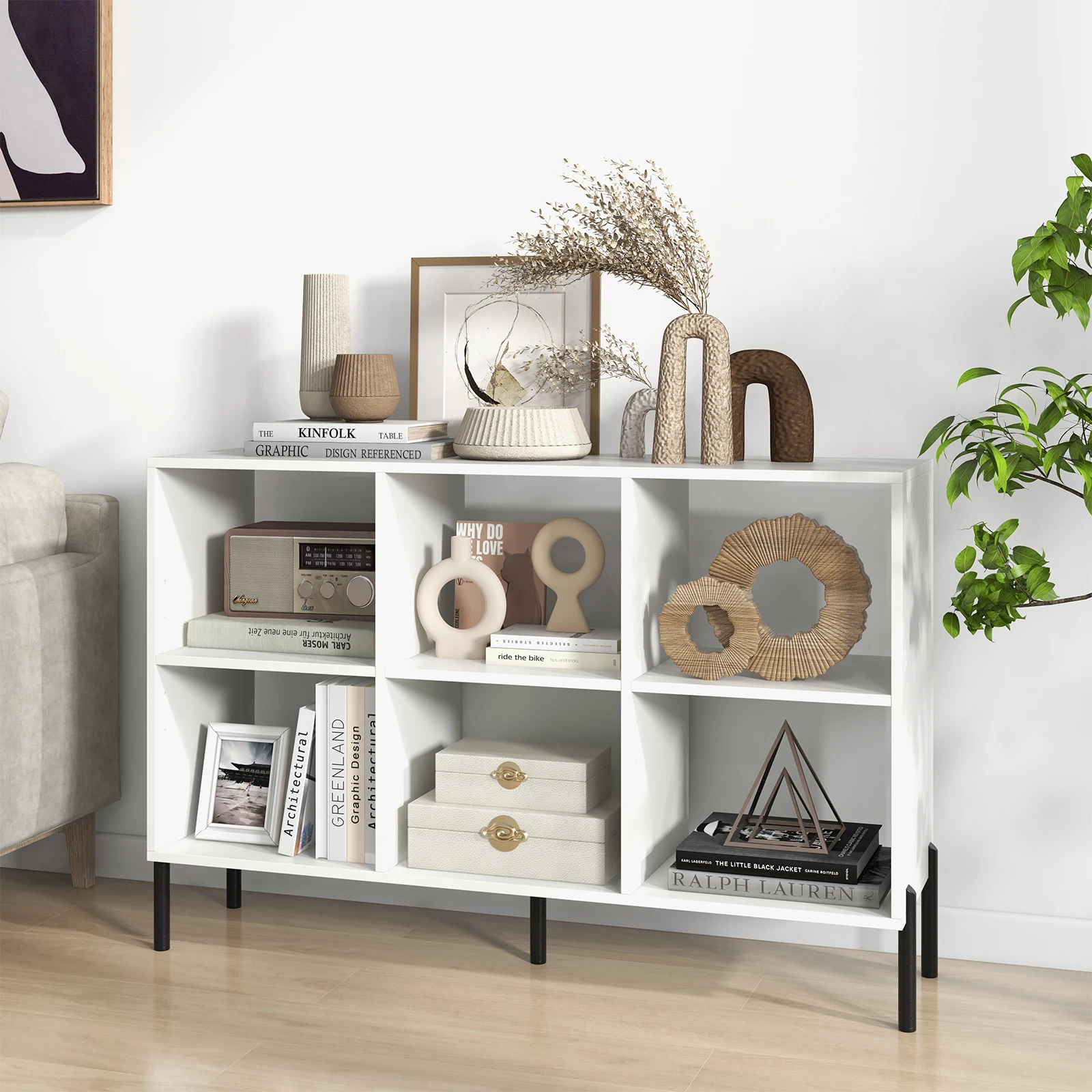 6 Compartments Bookshelf with raised metal legs and adjustable shelves, dice shelf storage shelf