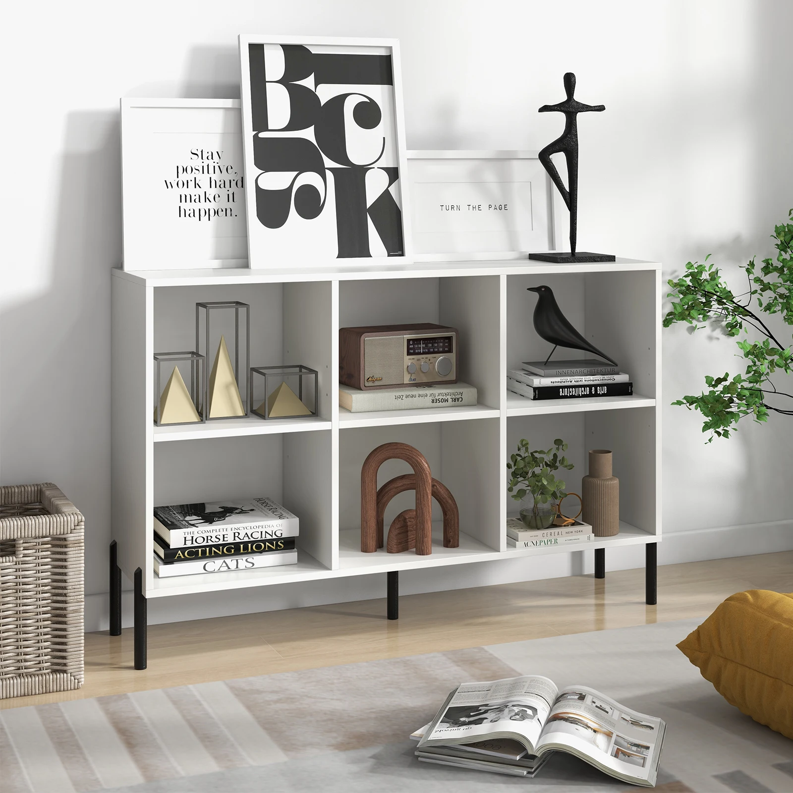 6 Compartments Bookshelf with raised metal legs and adjustable shelves, dice shelf storage shelf