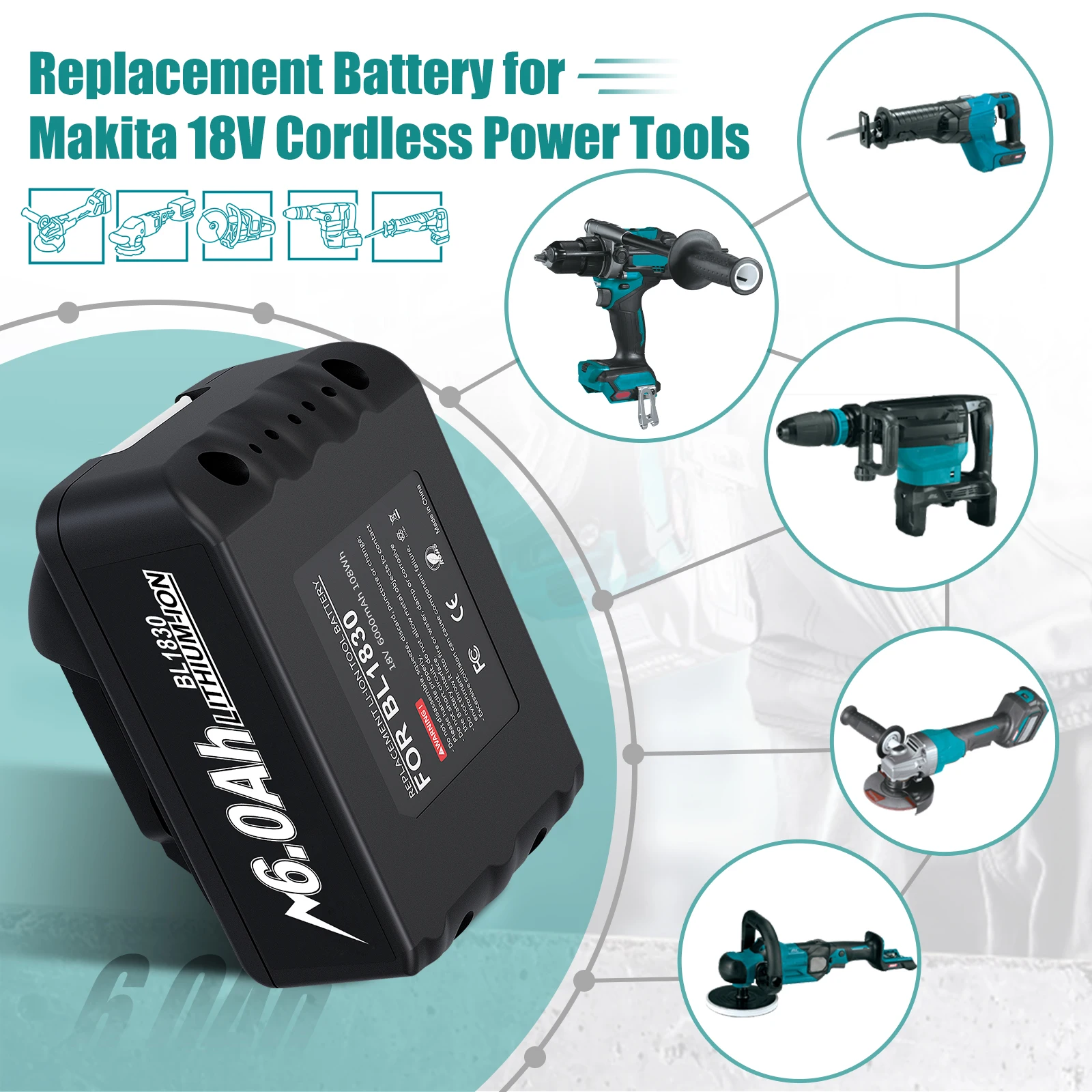 18V 6000mAh For Makita BL1830 Replacement Battery Compatible for Makita BL1830 BL1850 BL1860 BL1850B BL1840B 18V Power Tool