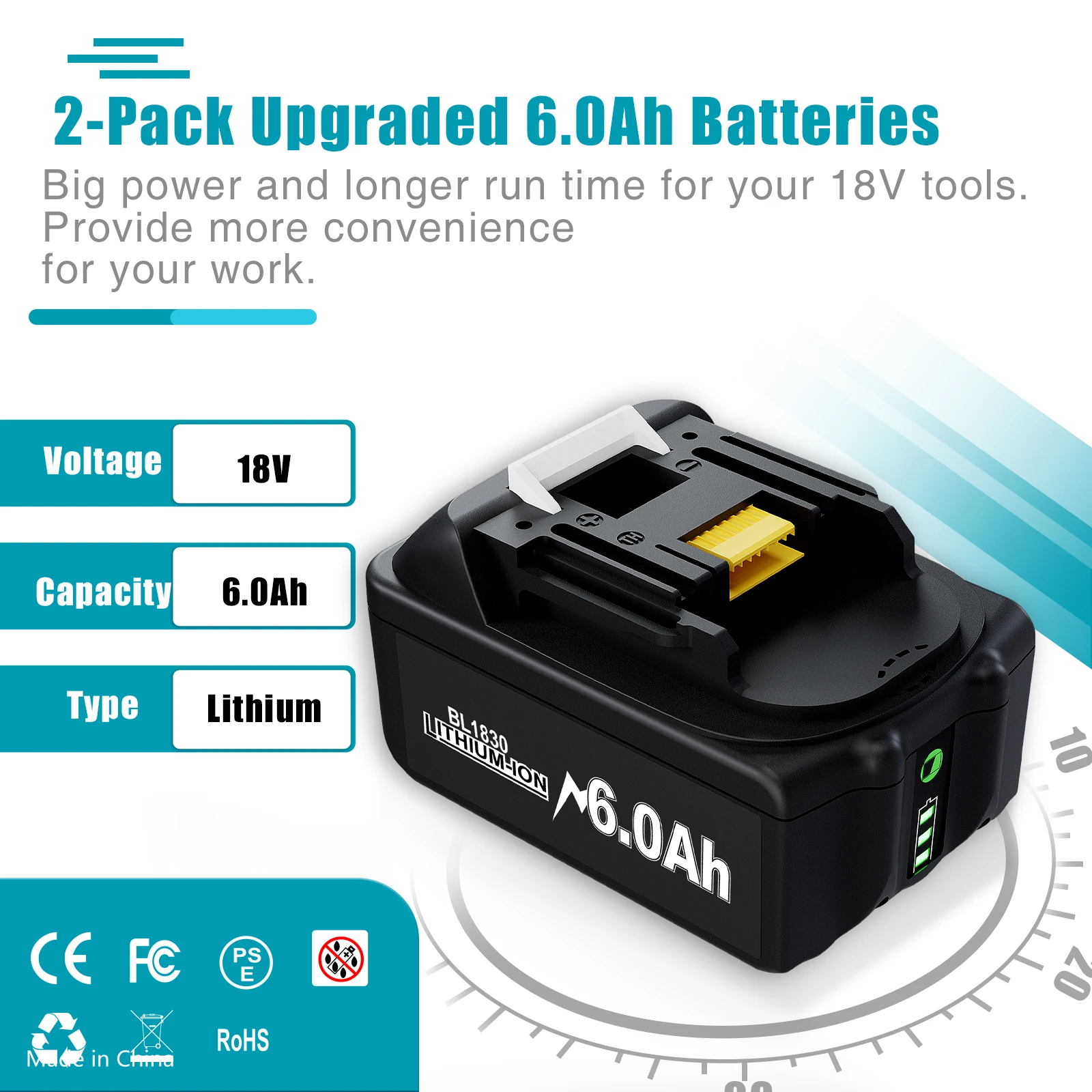 18V 6000mAh For Makita BL1830 Replacement Battery Compatible for Makita BL1830 BL1850 BL1860 BL1850B BL1840B 18V Power Tool