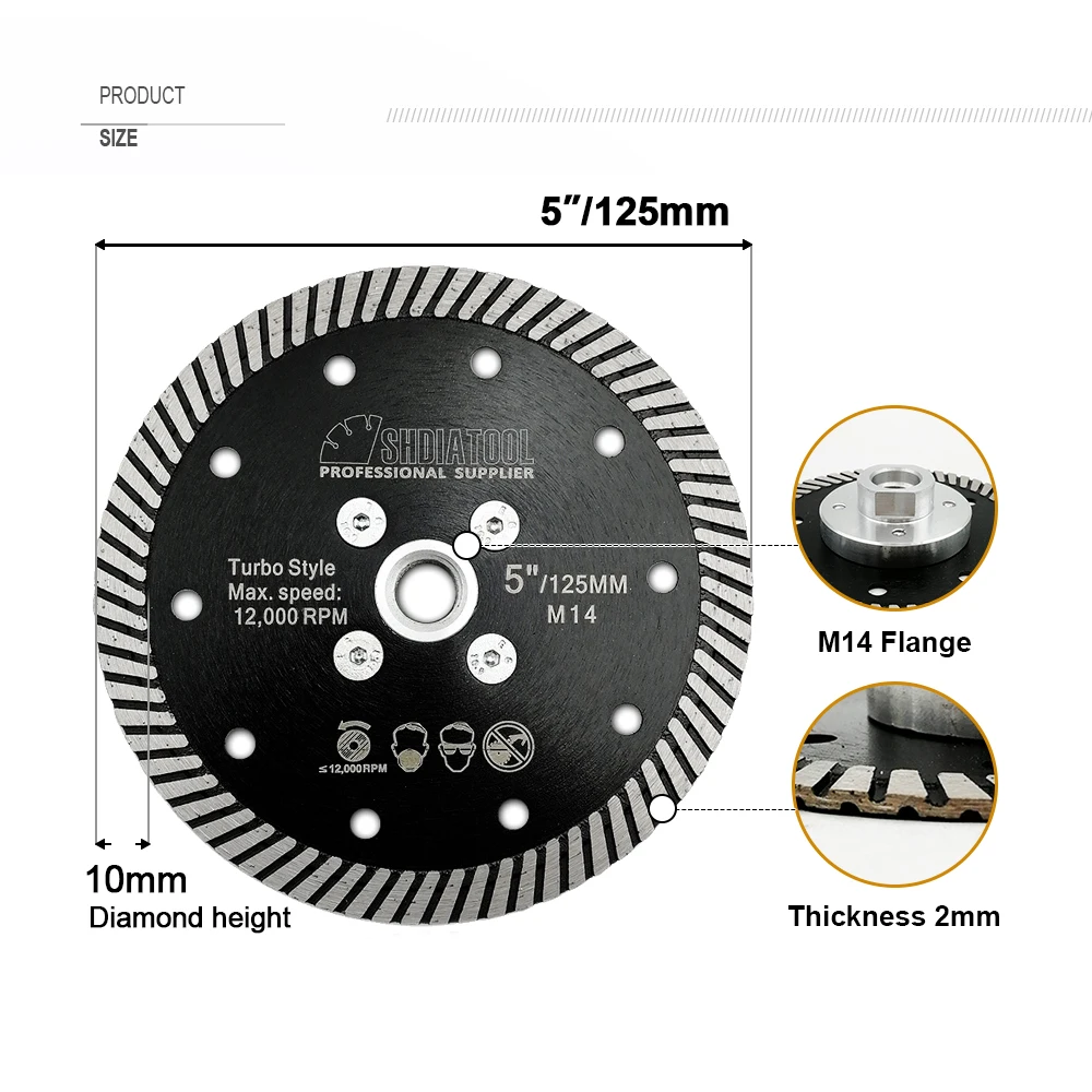 SHDIATOOL 2Pcs Dia125mm Diamond Narrow Turbo Saw Blade M14 Flange Cutting Disc Granite Marble Concrete Stone 5Inch Disc Cutter