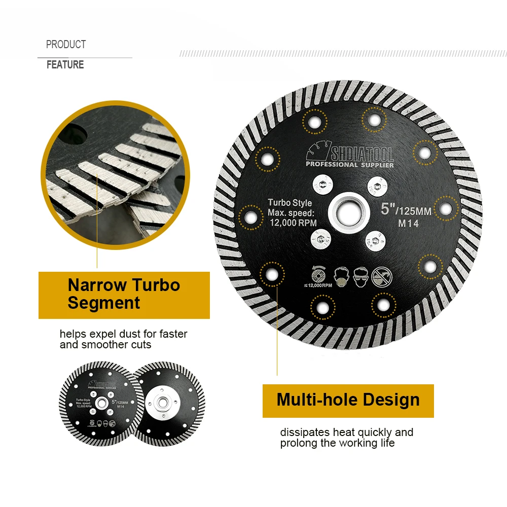 SHDIATOOL 2Pcs Dia125mm Diamond Narrow Turbo Saw Blade M14 Flange Cutting Disc Granite Marble Concrete Stone 5Inch Disc Cutter