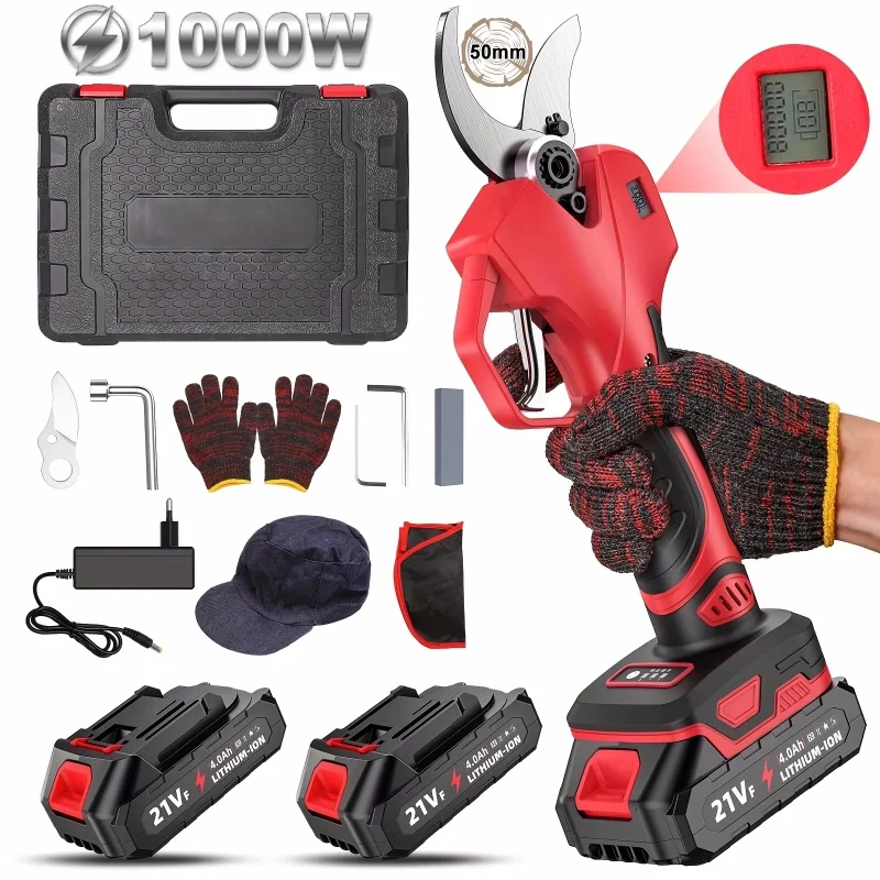 Brushless Cordless Pruner Shear Garden 1000W/900W 50mm Electric Pruning Shears Fruit Tree Branches Cutter Tool With 2pcs Battery