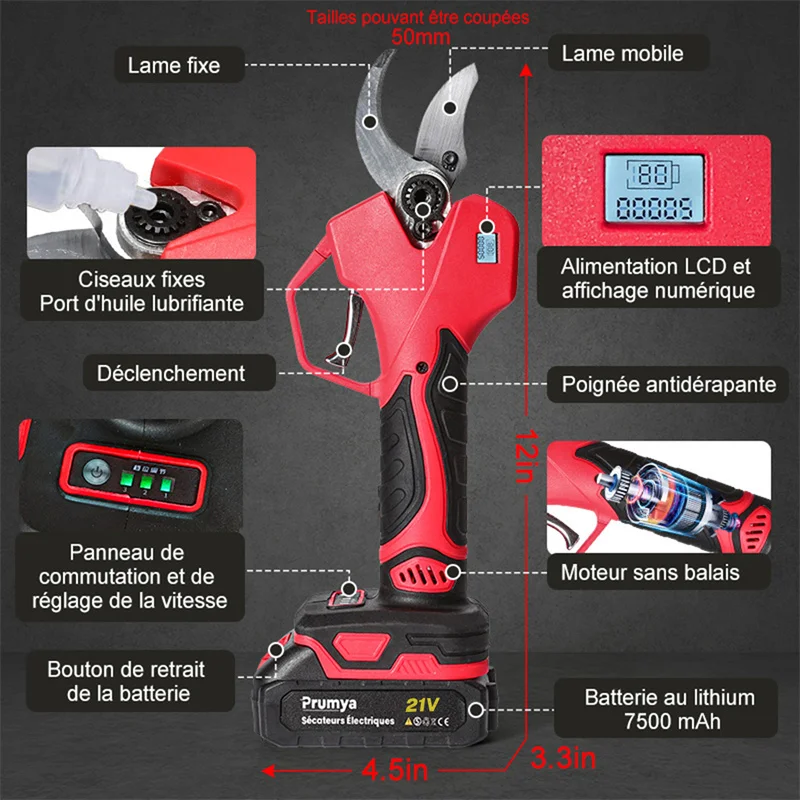 Brushless Cordless Pruner Shear Garden 1000W/900W 50mm Electric Pruning Shears Fruit Tree Branches Cutter Tool With 2pcs Battery