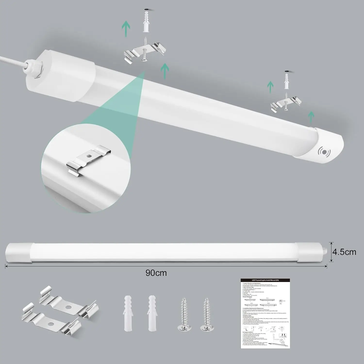 2PCS 90CM 30W LED Waterproof Batten Light with Motion Sensor, 3300LM, 4000K Neutral White, IP66 for Outdoor/Indoor Use
