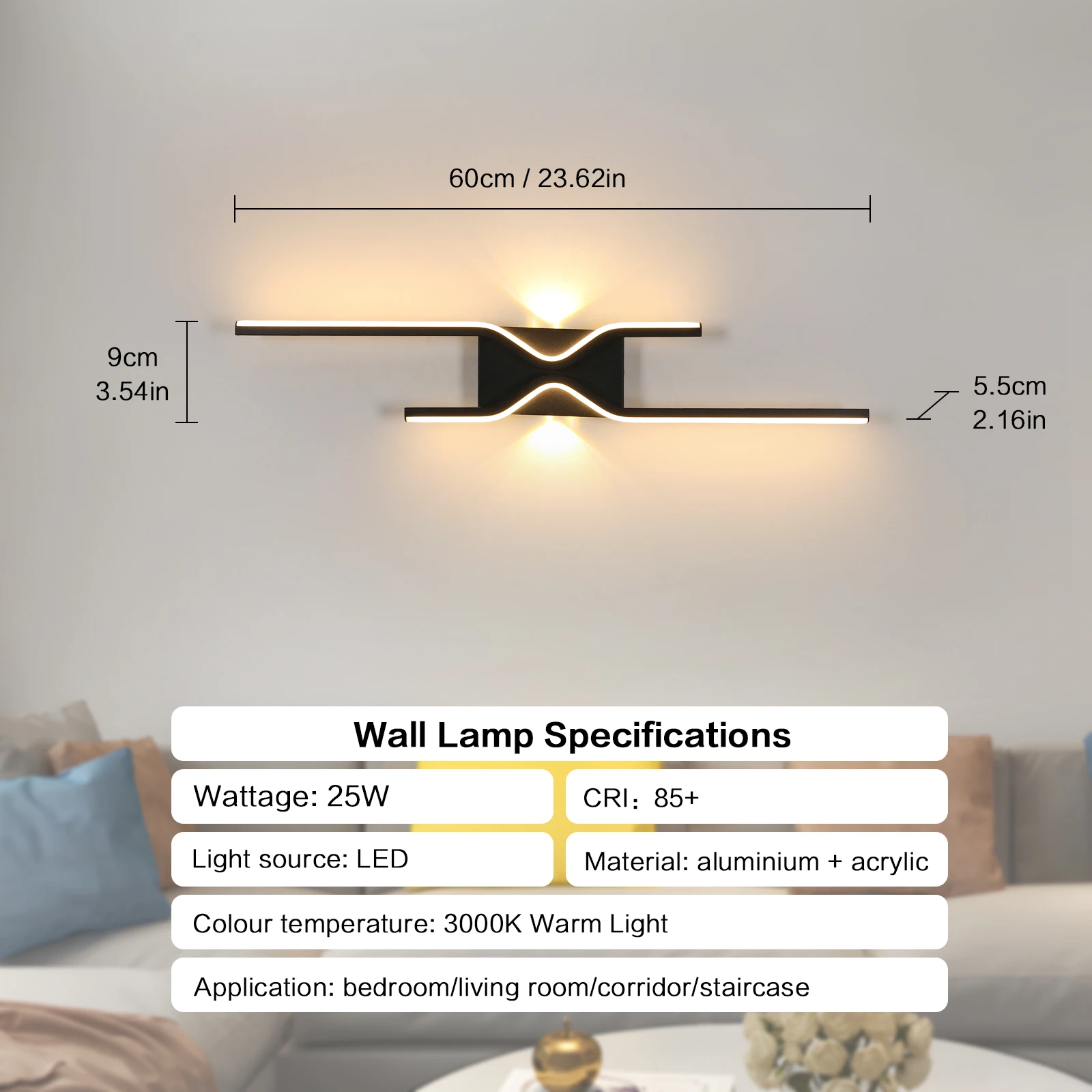 LED Indoor Wall Lights 25W Wall Sconce Lamp Modern Black LED Wall Lamp for Bedroom Living Room Hallway Staircase Vanity, 3000K W