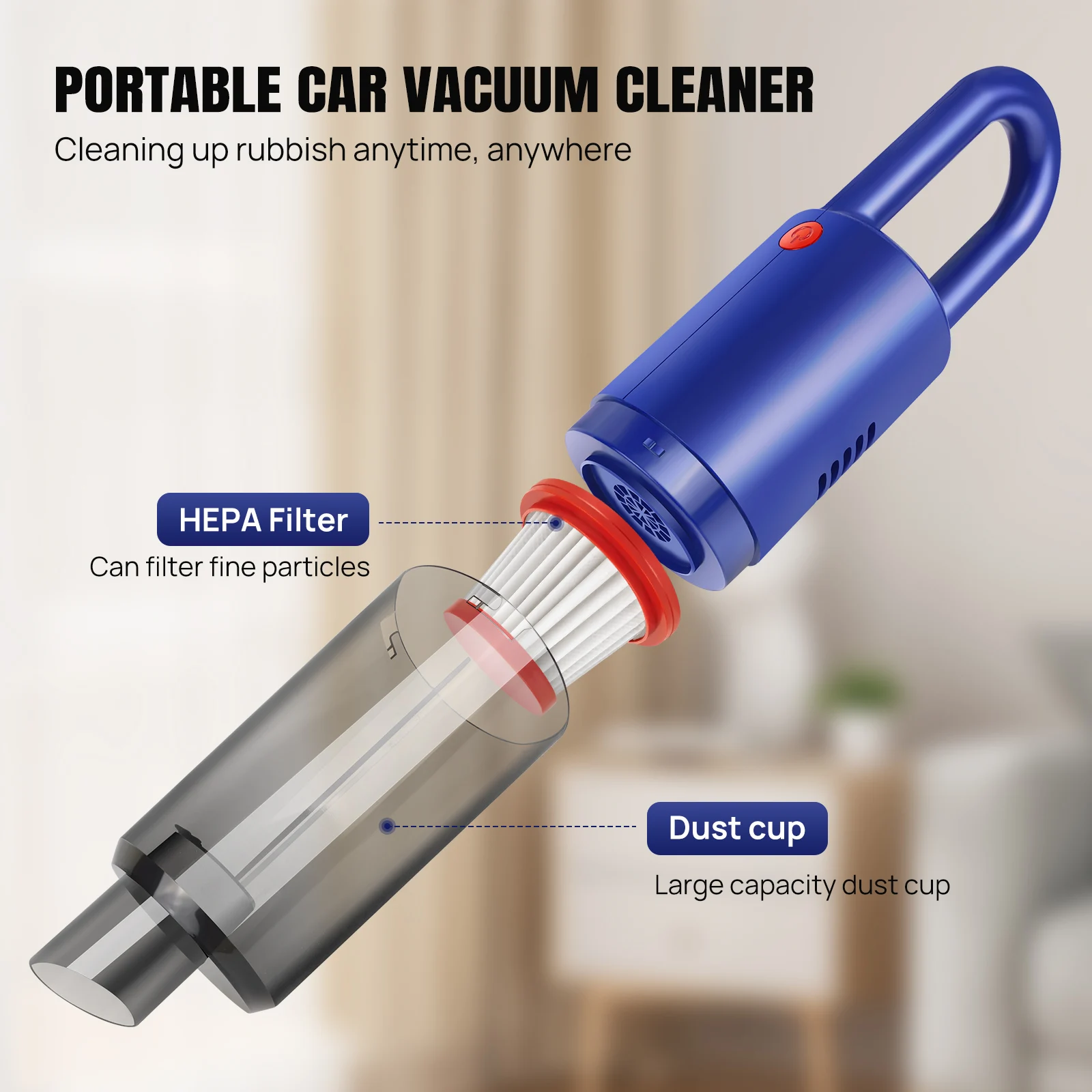 50W Cordless Car Vacuum Cleaner Handheld, 6200Pa Suction, Lightweight 0.7kg, 2.6Ah Battery, Reusable Hepa Filter, Charging Cable