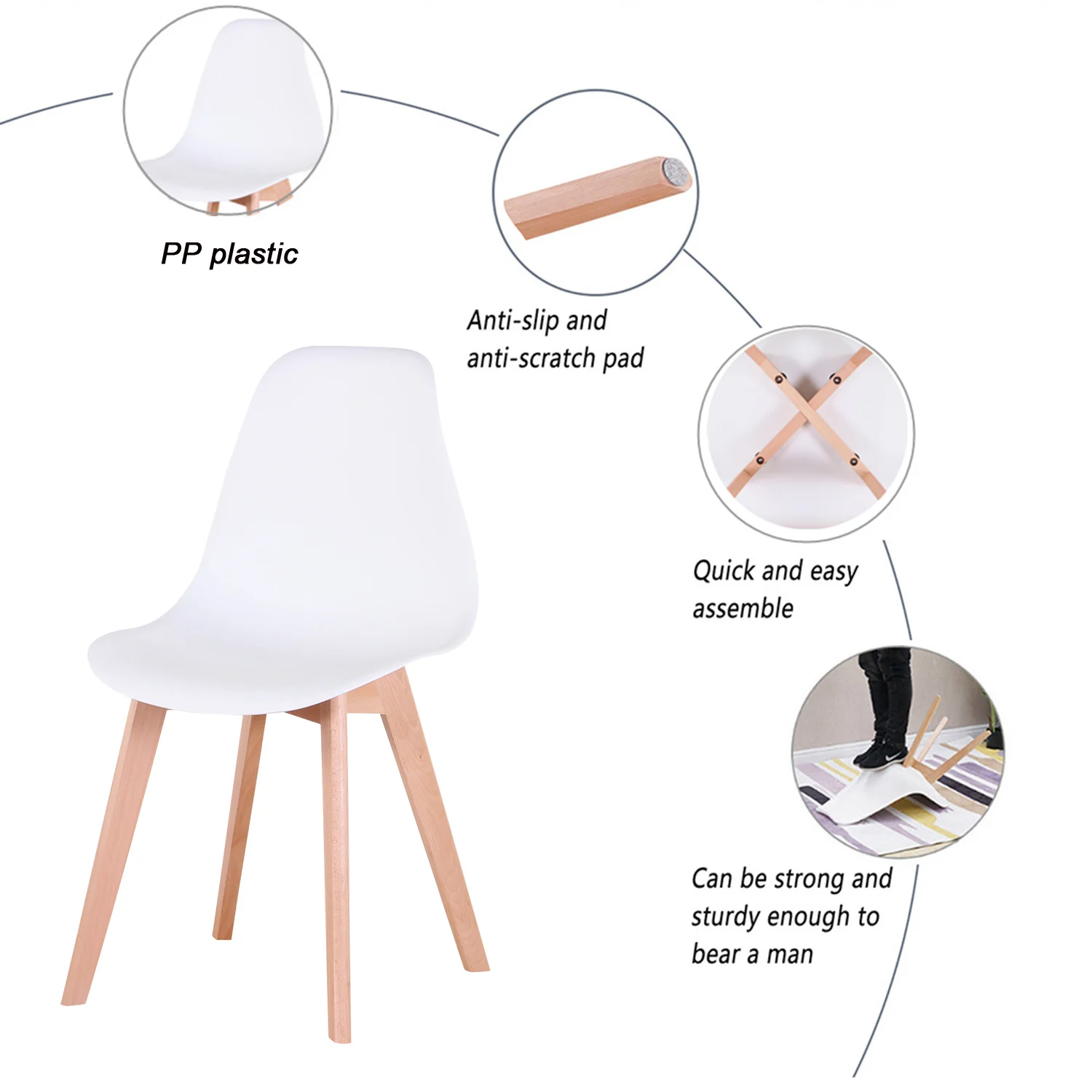 EGOONM Set of 4 Nordic Medieval Dining Chairs with Solid Wood Legs For Living Room Dining Room Bedroom Study (White/Black/Gray)