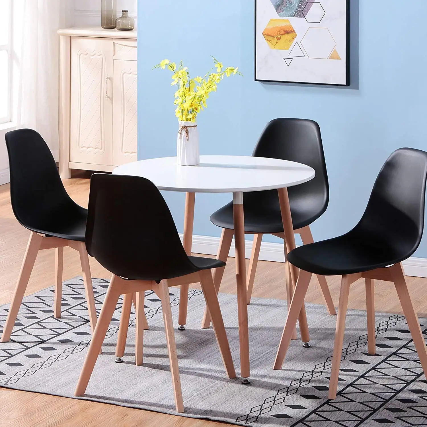 EGOONM Set of 4 Nordic Medieval Dining Chairs with Solid Wood Legs For Living Room Dining Room Bedroom Study (White/Black/Gray)