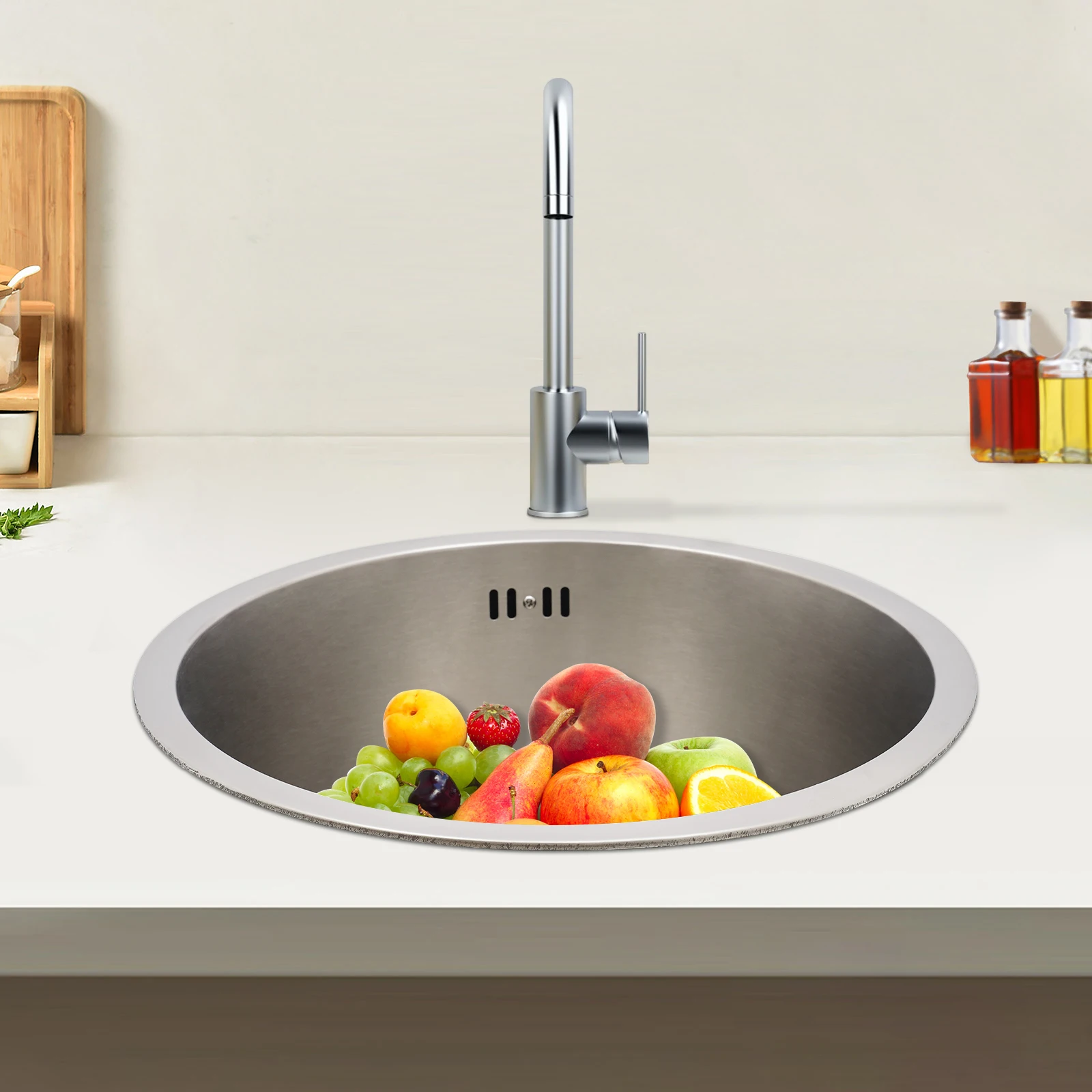 304 Stainless Steel Round Kitchen Sink 36cm with Drain Pipe Bar Mini Small Round Single Bowl Basin for Homes/Bars/Hotels