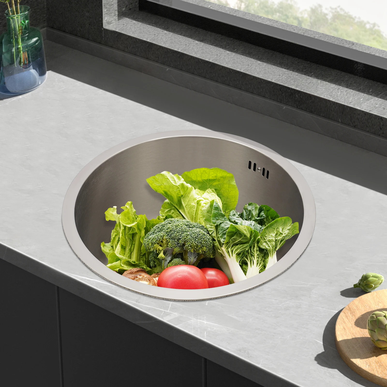 304 Stainless Steel Round Kitchen Sink 36cm with Drain Pipe Bar Mini Small Round Single Bowl Basin for Homes/Bars/Hotels