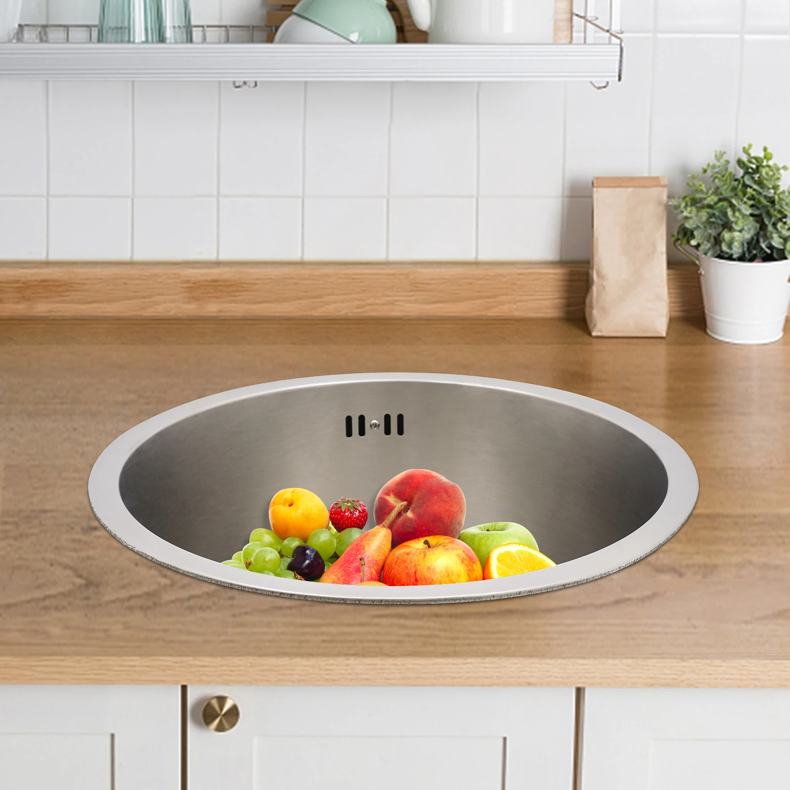 304 Stainless Steel Round Kitchen Sink 36cm with Drain Pipe Bar Mini Small Round Single Bowl Basin for Homes/Bars/Hotels