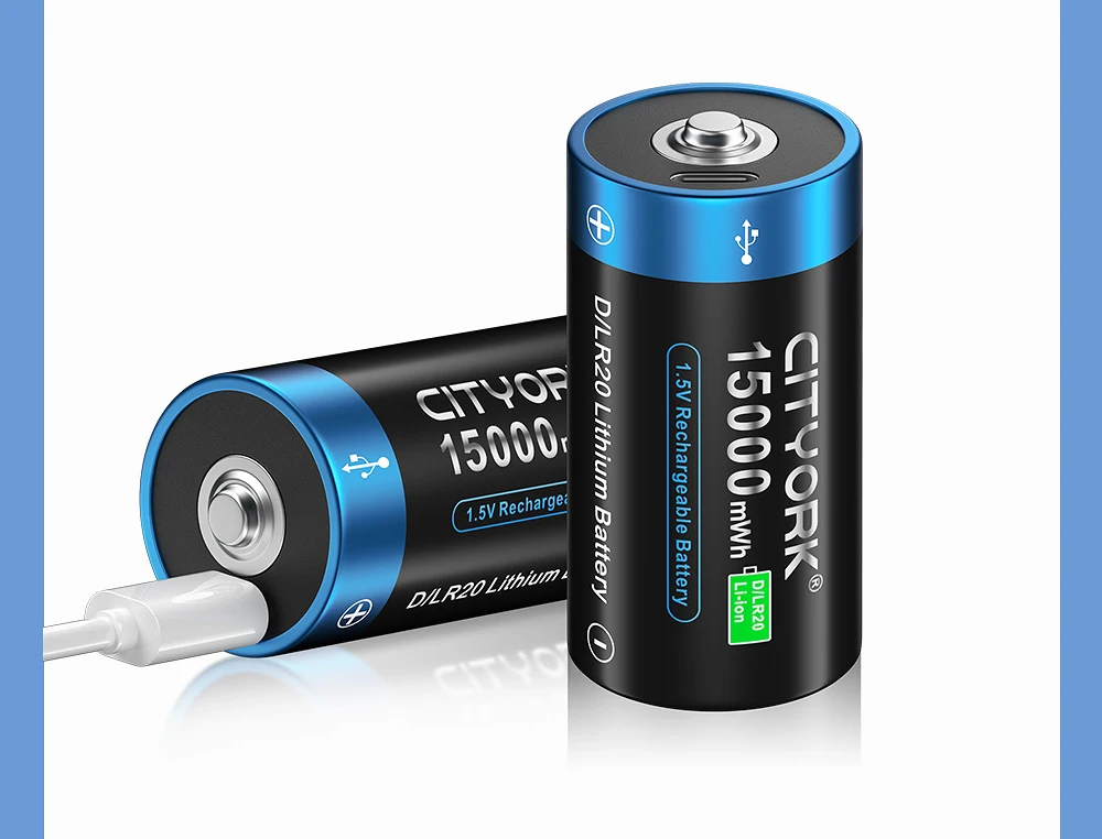 CITYORK 1.5V 15000mWh D Size Rechargeable Battery R20 Li-ion TYPE-C Battery For Gas Cooker Electronic Piano Water Heater Radio