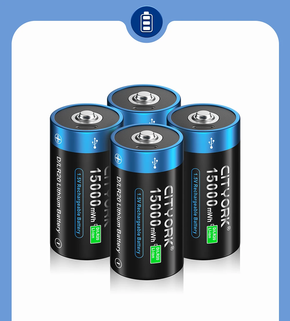 CITYORK 1.5V 15000mWh D Size Rechargeable Battery R20 Li-ion TYPE-C Battery For Gas Cooker Electronic Piano Water Heater Radio