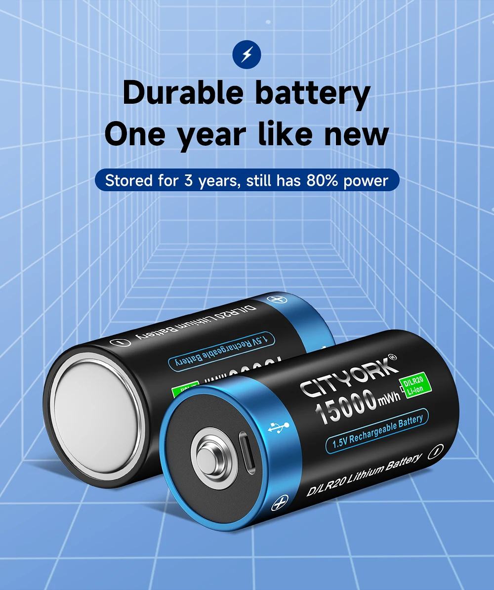 CITYORK 1.5V 15000mWh D Size Rechargeable Battery R20 Li-ion TYPE-C Battery For Gas Cooker Electronic Piano Water Heater Radio