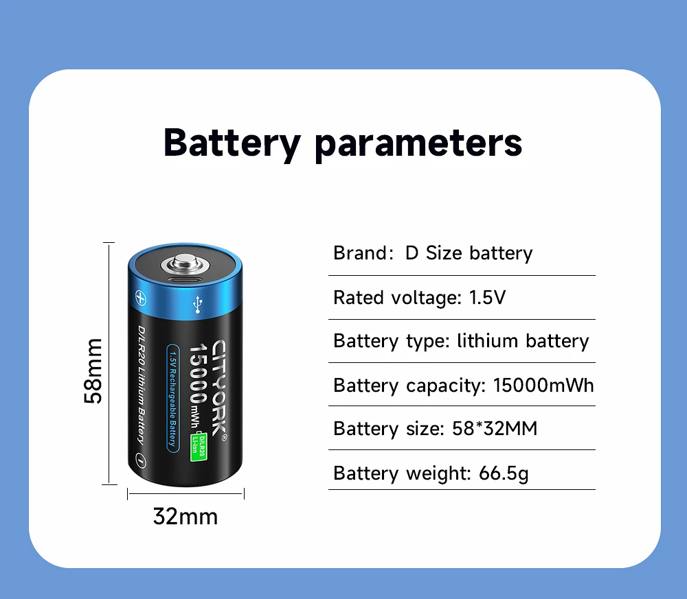 CITYORK 1.5V 15000mWh D Size Rechargeable Battery R20 Li-ion TYPE-C Battery For Gas Cooker Electronic Piano Water Heater Radio