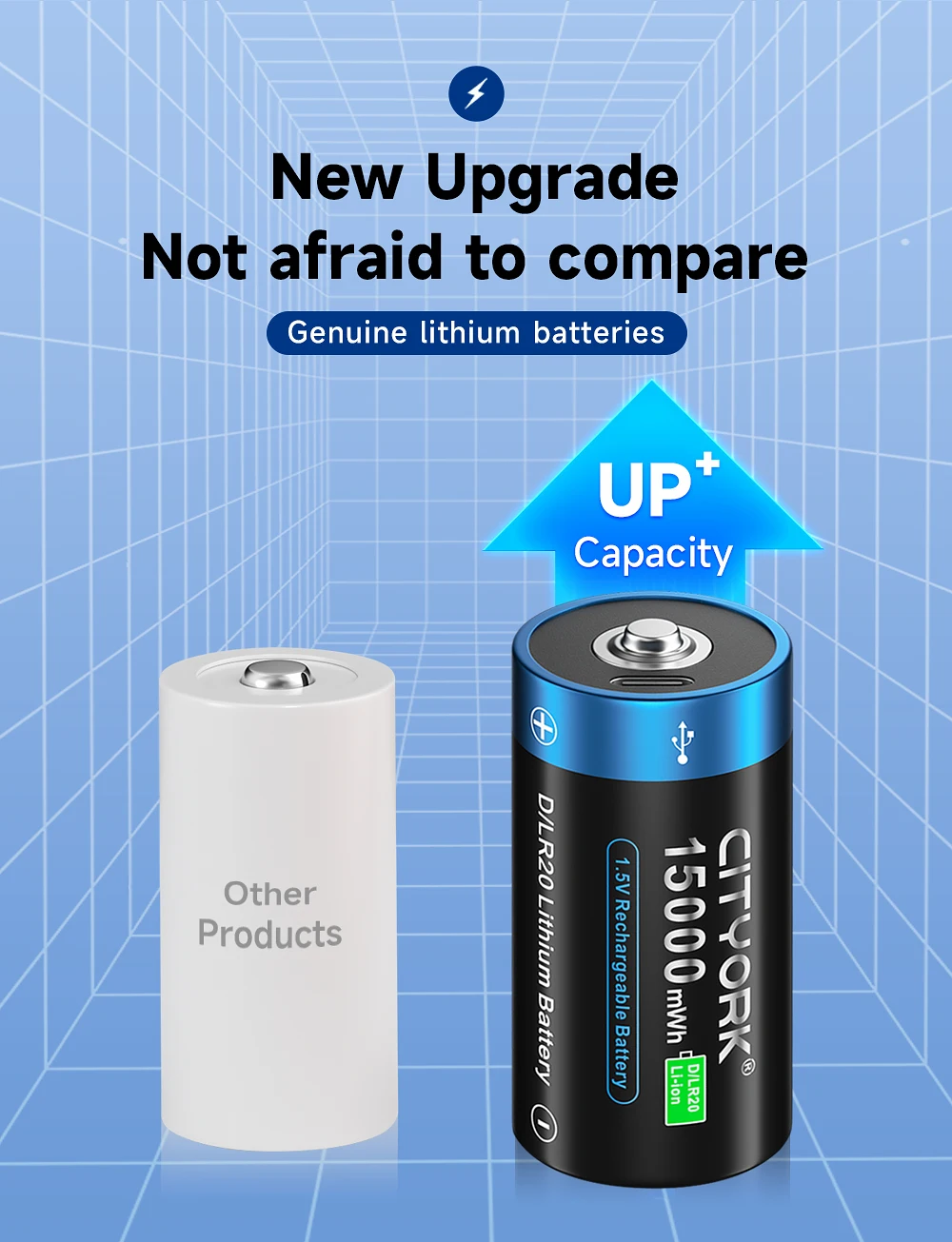 CITYORK 1.5V 15000mWh D Size Rechargeable Battery R20 Li-ion TYPE-C Battery For Gas Cooker Electronic Piano Water Heater Radio
