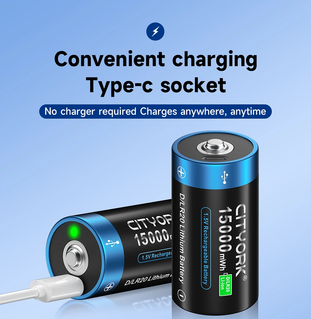 CITYORK 1.5V 15000mWh D Size Rechargeable Battery R20 Li-ion TYPE-C Battery For Gas Cooker Electronic Piano Water Heater Radio