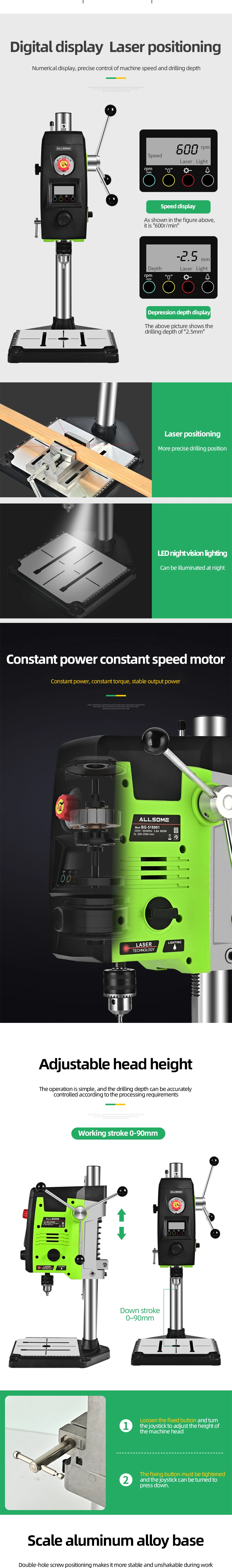 ALLSOME 6-Speed 800W Benchtop Drill Press Drilling Machine BG-518801