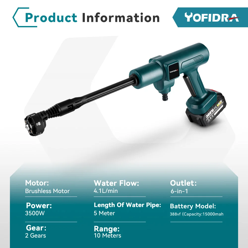 YOFIDRA 3500W 200Bar Brushless Washer Water Gun 6 IN 1 Cordless  Electric High Pressure Car Washer Garden For Makita Battery Pin