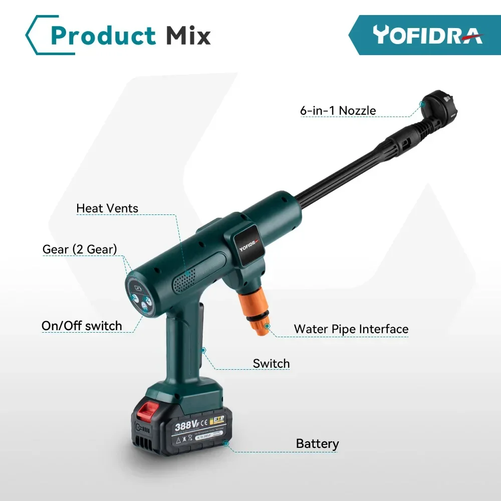 YOFIDRA 3500W 200Bar Brushless Washer Water Gun 6 IN 1 Cordless  Electric High Pressure Car Washer Garden For Makita Battery Pin