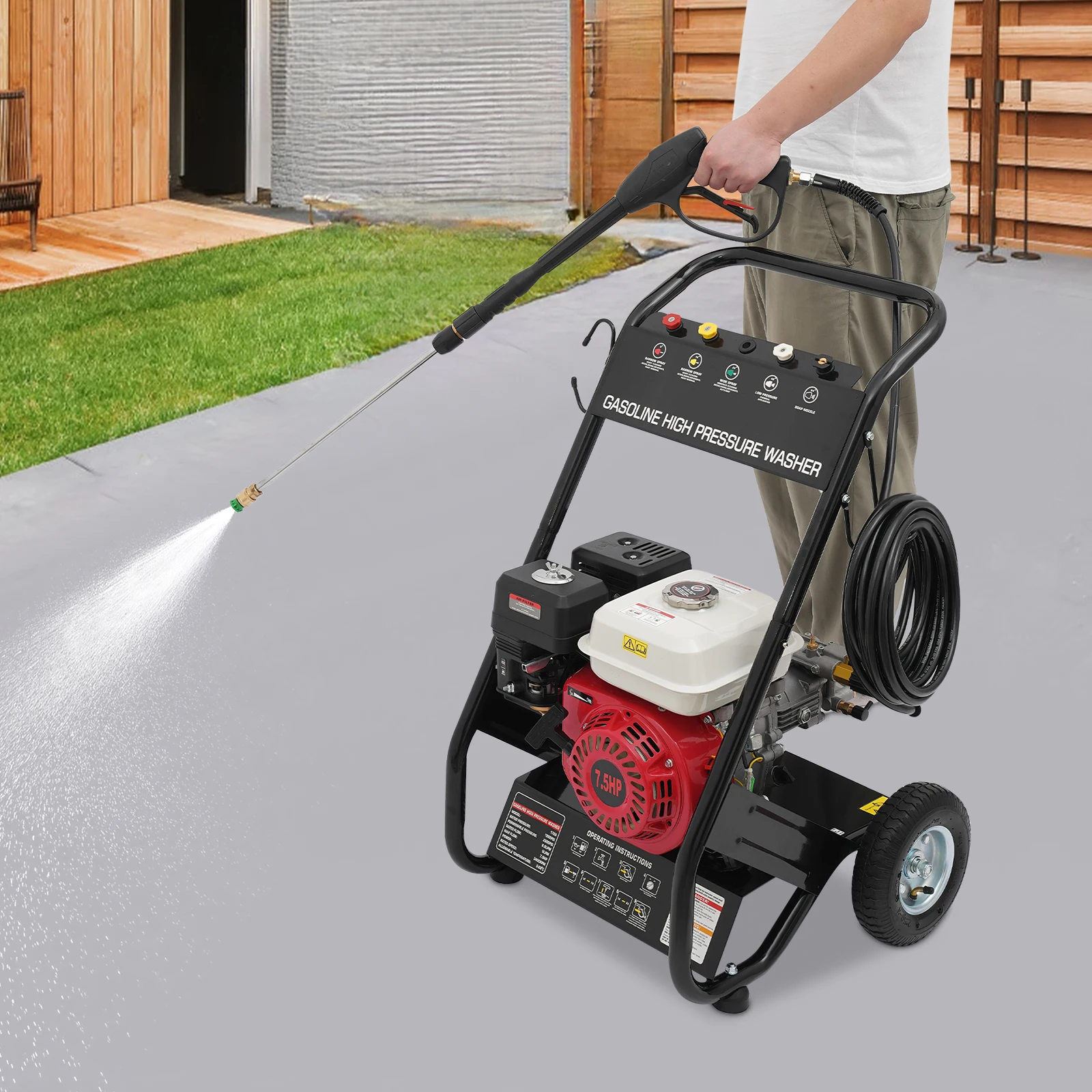 7.5HP Gasoline High Pressure Washer 2200PSI 4-Stroke Gas Powered Jet Cleaner w/ Spray Gun & 5 Nozzles for Cleaning Car Deck Yard
