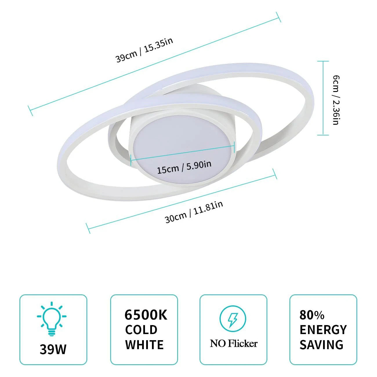 LED Ceiling Light, White Double Round LED Ceiling Lamp, Cold White Light 6500K for Bedroom Kitchen Livingroom Dinningroom