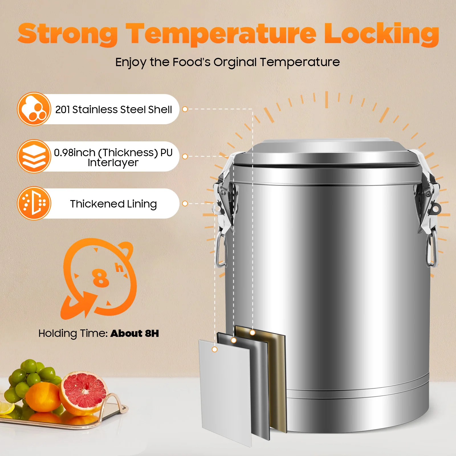 Silver 14l 201 Stainless Steel Without Faucet Insulated Bucket Food Warmer For Outdoor Picnics Travels Cafes To Hold Juice Tea