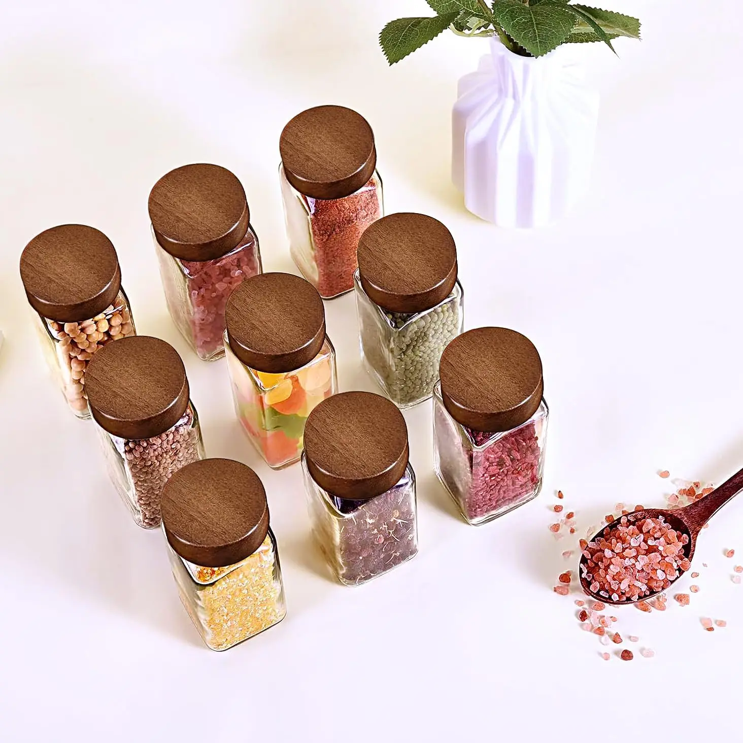 SAEIV 12/24/35 Pcs Spice Jars with Acacia Wood Lids, 120ml Transparent Glass Containers with Spice Labels, Kitchen Spice Bottles