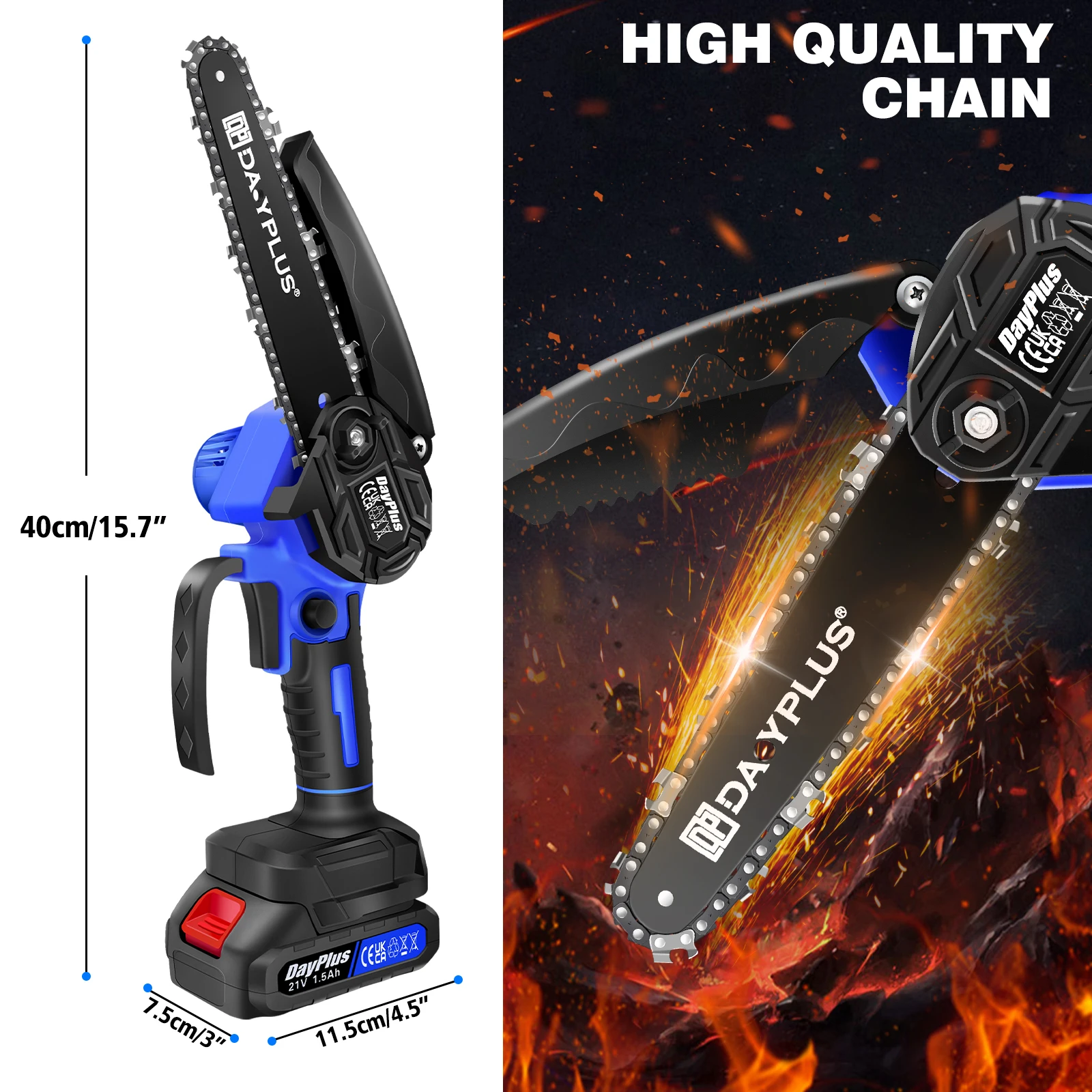 6 Inch Guide Plate Length Electric Super Power Chainsaw & Battery Sharpening Saw Wood Cutter Garden Tool with2PCS Li-Ion Battery
