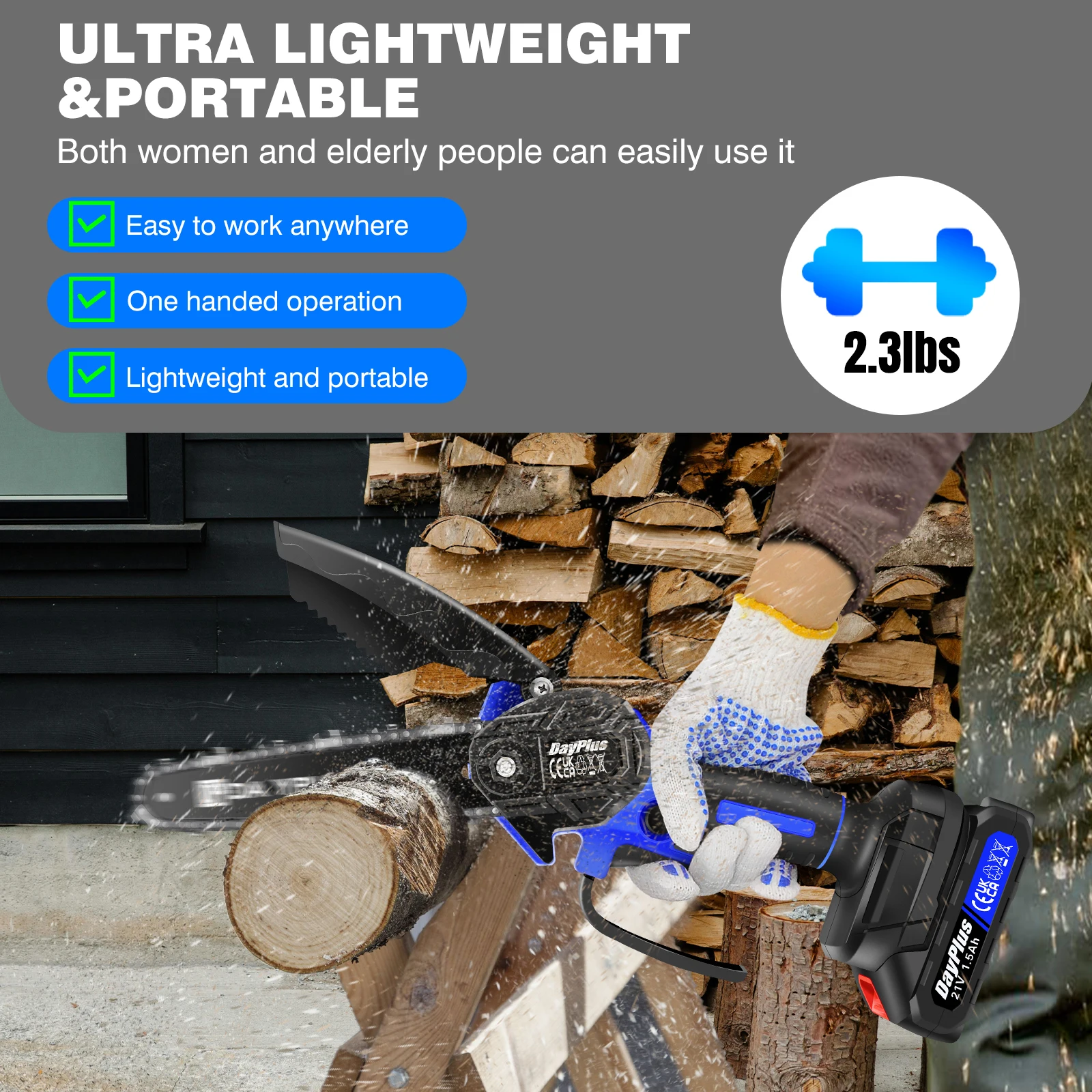 6 Inch Guide Plate Length Electric Super Power Chainsaw & Battery Sharpening Saw Wood Cutter Garden Tool with2PCS Li-Ion Battery