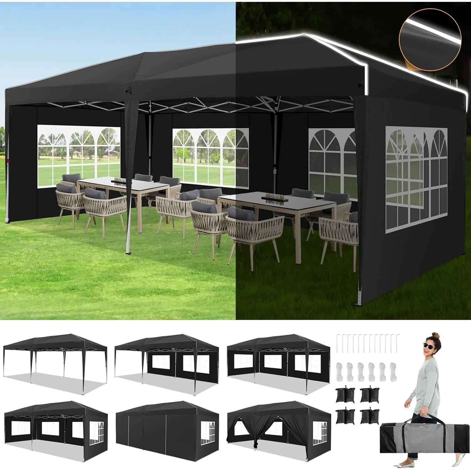 3x6m Pop-up Gazebo Foldable Party Tent with 6 Sidewalls, Easy Assembly for Weddings, Commercial Use, UV50+ Protection Steel Frame