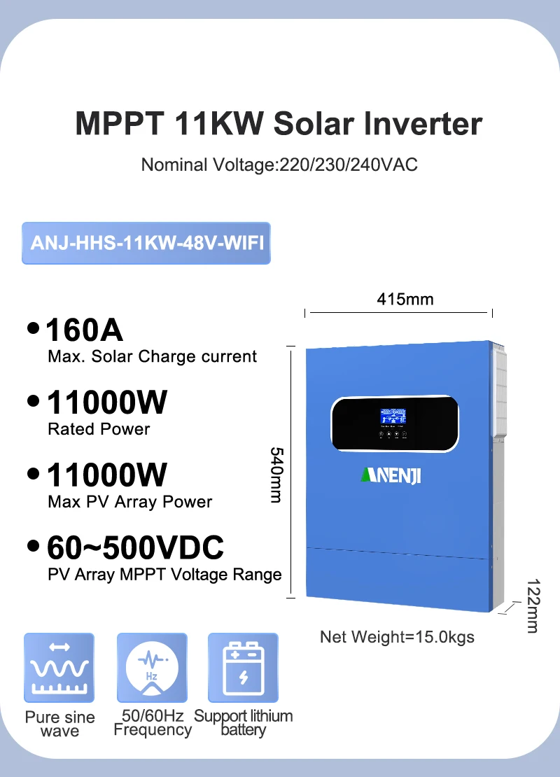 11KW 48V Hybrid Solar Inverter 2KW 12V MPPT Photovoltaic Inverter Pure Sine Wave 230VAC PV 160V 500VDC 60A 160A Solar Charger