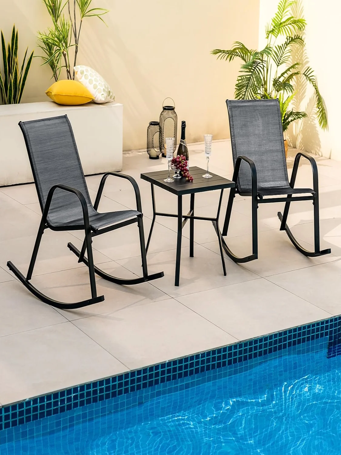 Set of 2 Rocking Chairs with Breathable Fabric Seat, Garden Chairs, Swing Chairs for Garden, Balcony, Patio (Black)