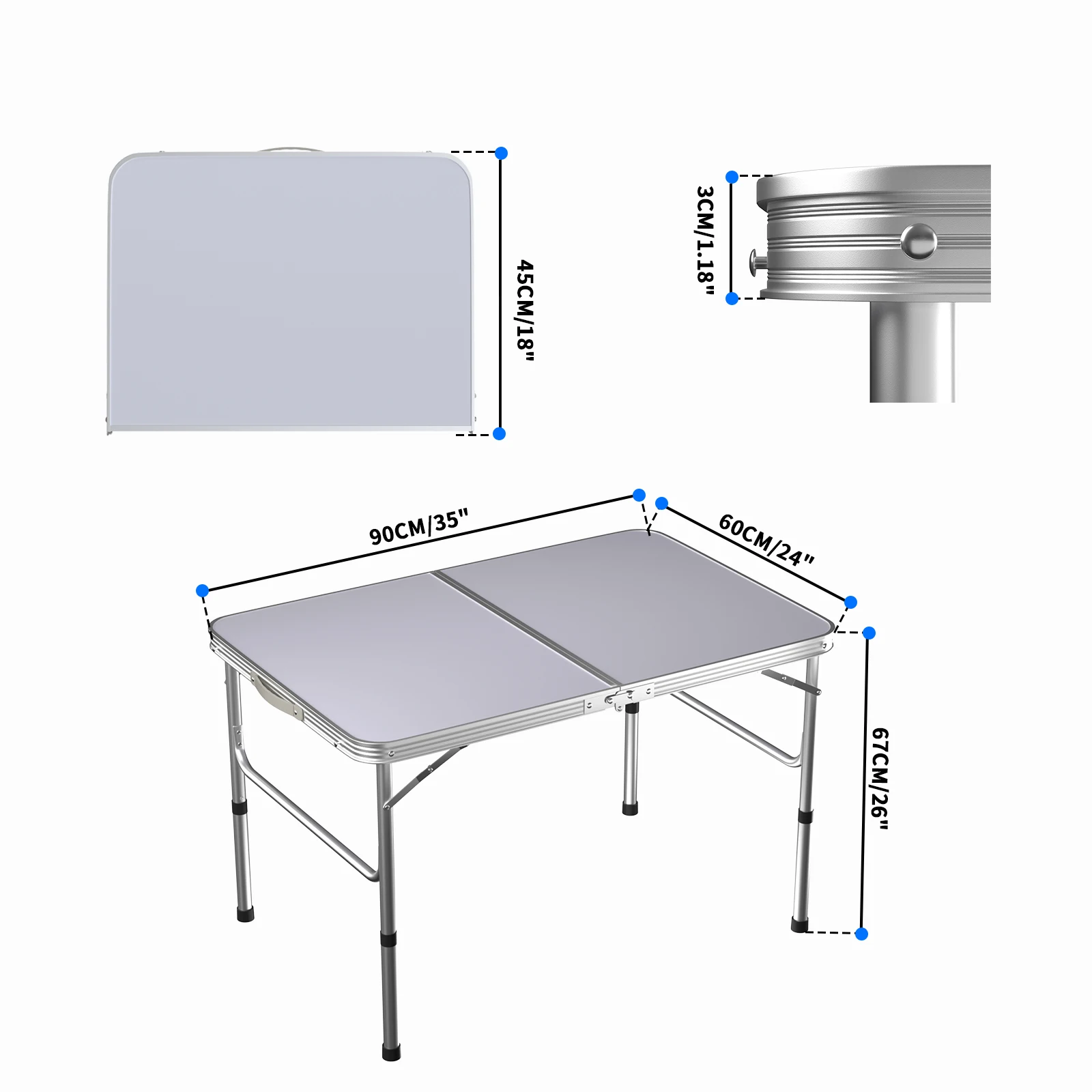 90x60cm Folding Camping Table, Adjustable 2-Height 37/67cm Portable Picnic Table for Outdoor/Garden/Indoor – Lightweight Aluminium, 50kg Capacity