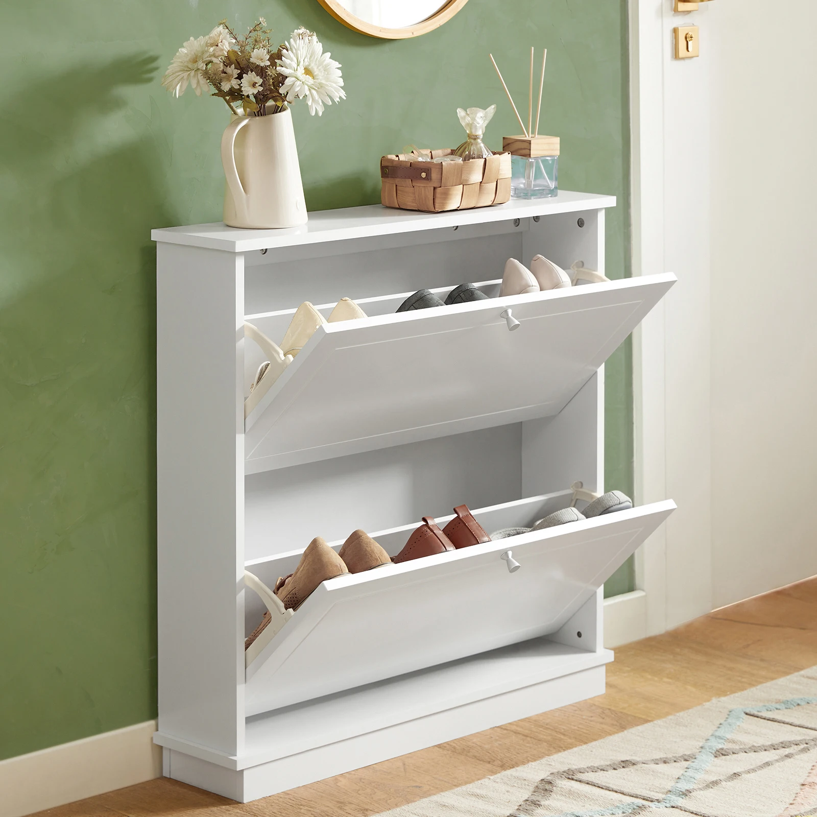 Sobuy Fsr99-W Shoe Flipper with 2 Flaps Shoe Cabinet Narrow Shoe Rack Shoe Chest Shoe Storage