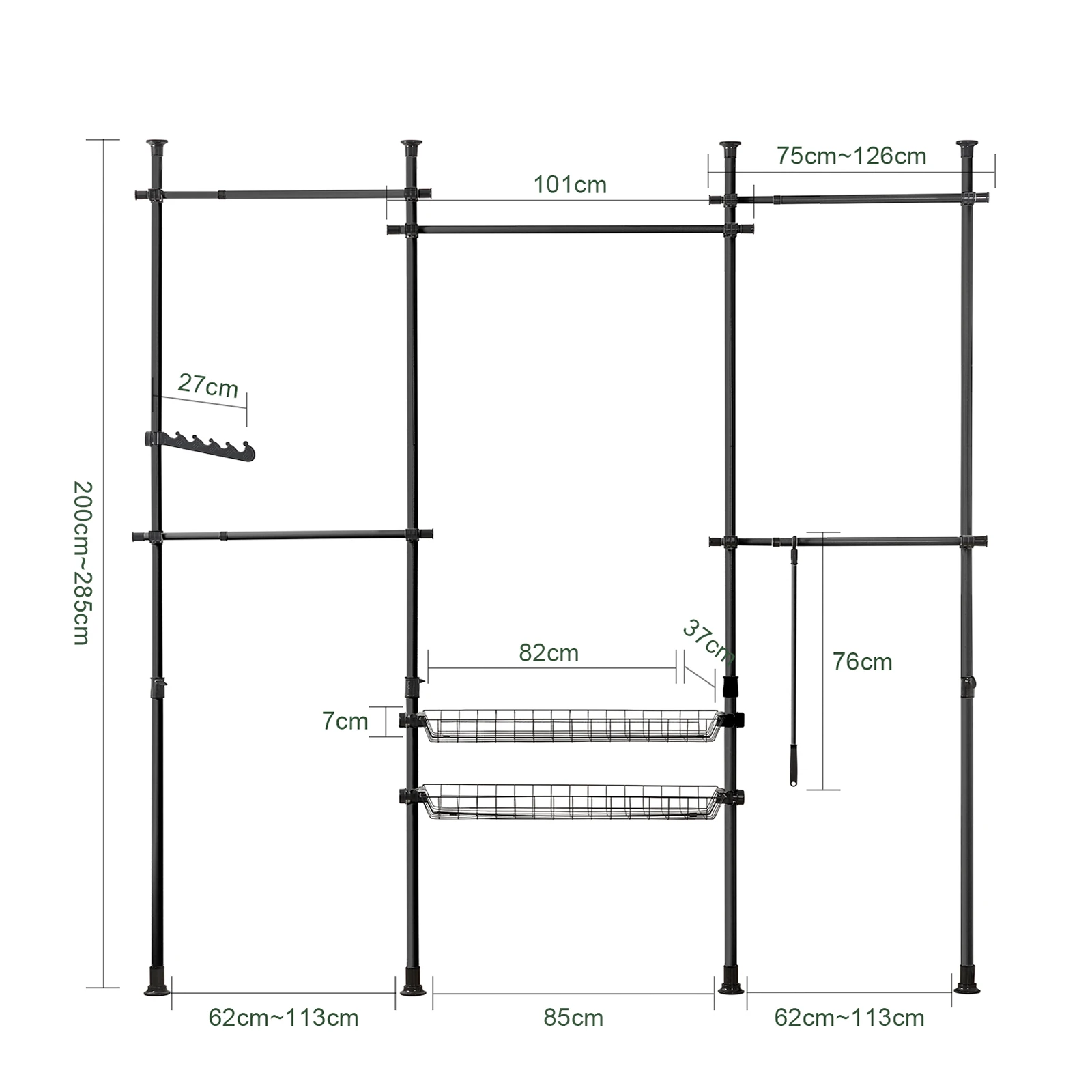 SoBuy KLS04 Telescopic Bar dresses stand with 5 dresses Bars and 2 Baskets Telescopic Wardrobes System Adjustable Shelving System