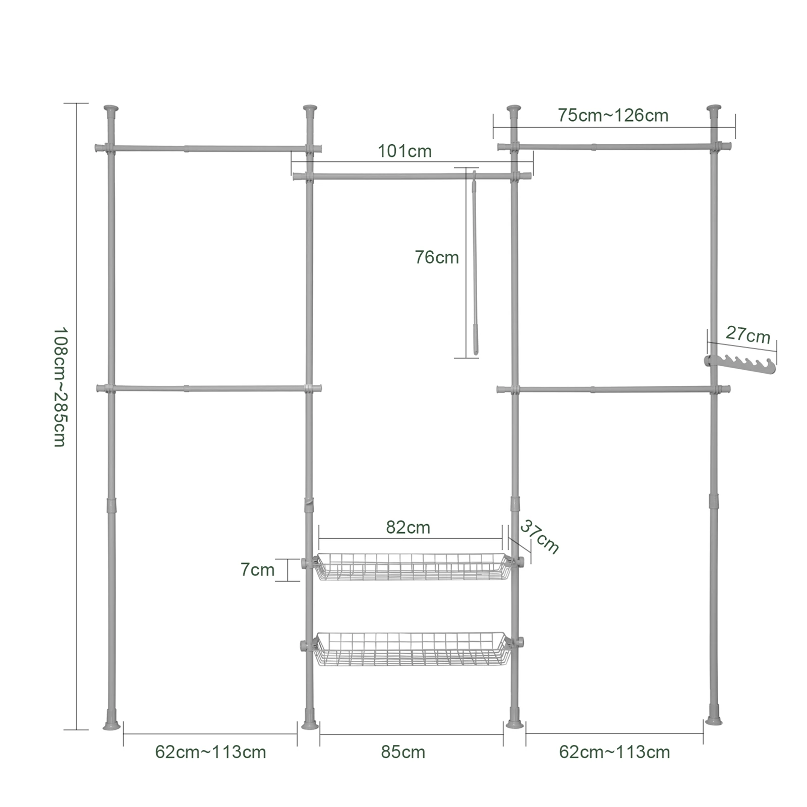 SoBuy KLS04 Telescopic Bar dresses stand with 5 dresses Bars and 2 Baskets Telescopic Wardrobes System Adjustable Shelving System
