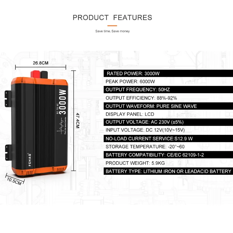 FCHAO 3000W 12VDC To 220VAC Pure Sine Wave Inverter Power 6000W Car Inversor for Home and Camp with Display LCD drive
