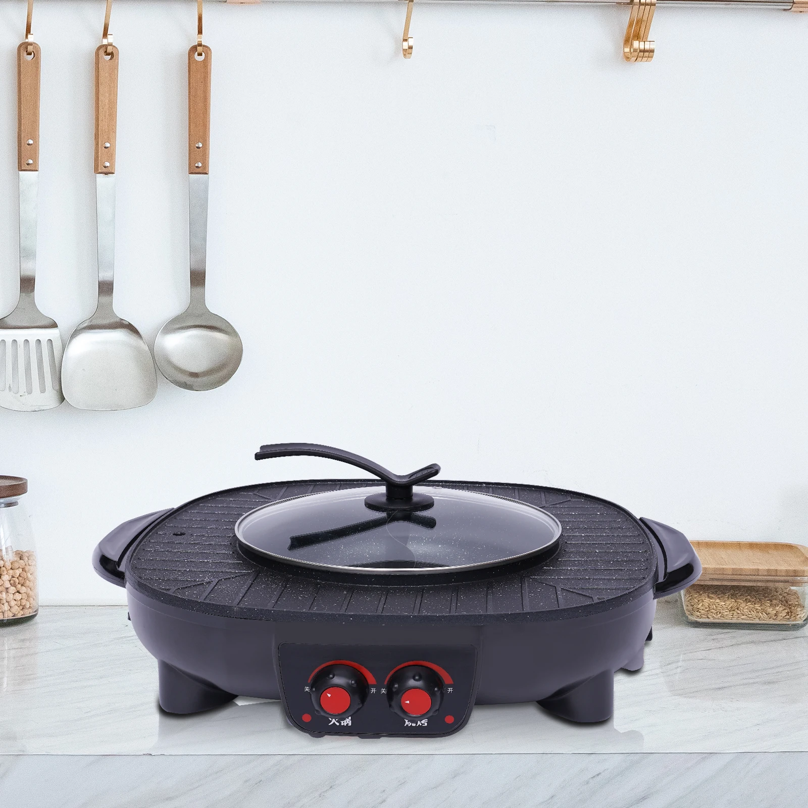 2-in-1 Electric Grill Hot Pot Electric Grill 2000W Hot Pot Shabu Shabu Hot Pot with Grill for 5-6 People