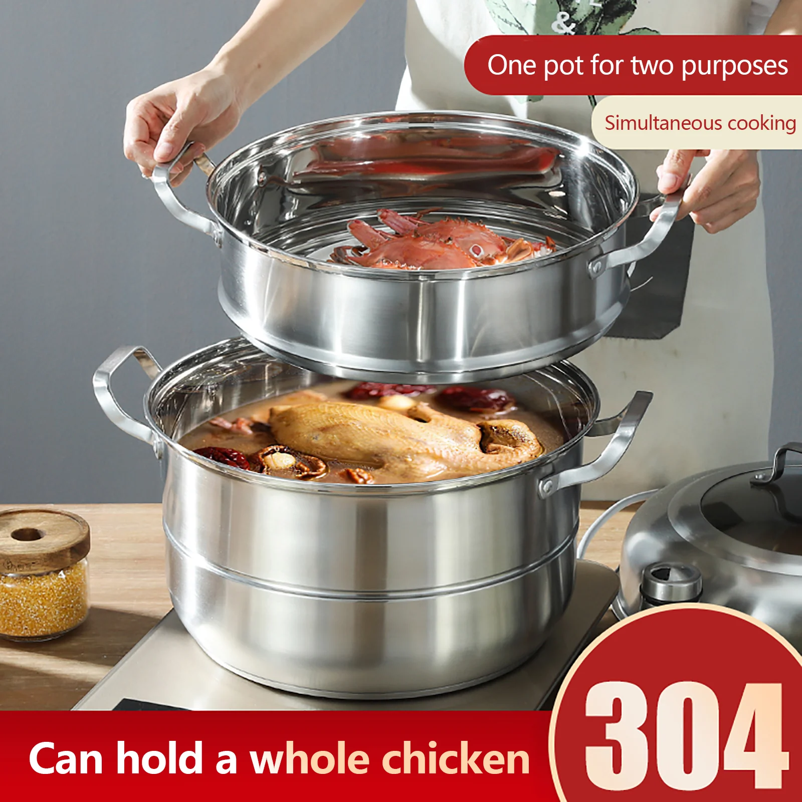 Large Capacity 304 Stainless Steel Steamer Pot with 3 Steamed Compartments and Lid, Durable, Rust-Resistant, Perfect for