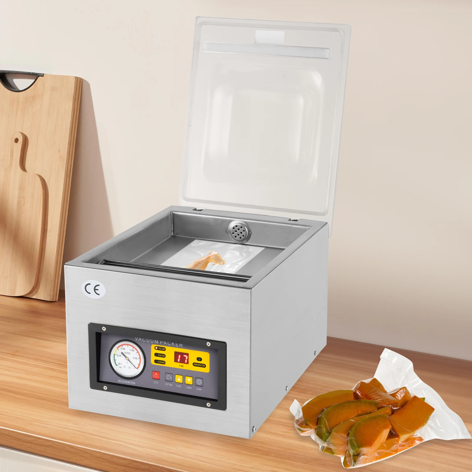 Automatic Chamber Vacuum Sealer Silver 120W Copper Motor 2CFM Commercial Sealing 3-in-1 Function for Food Preservation