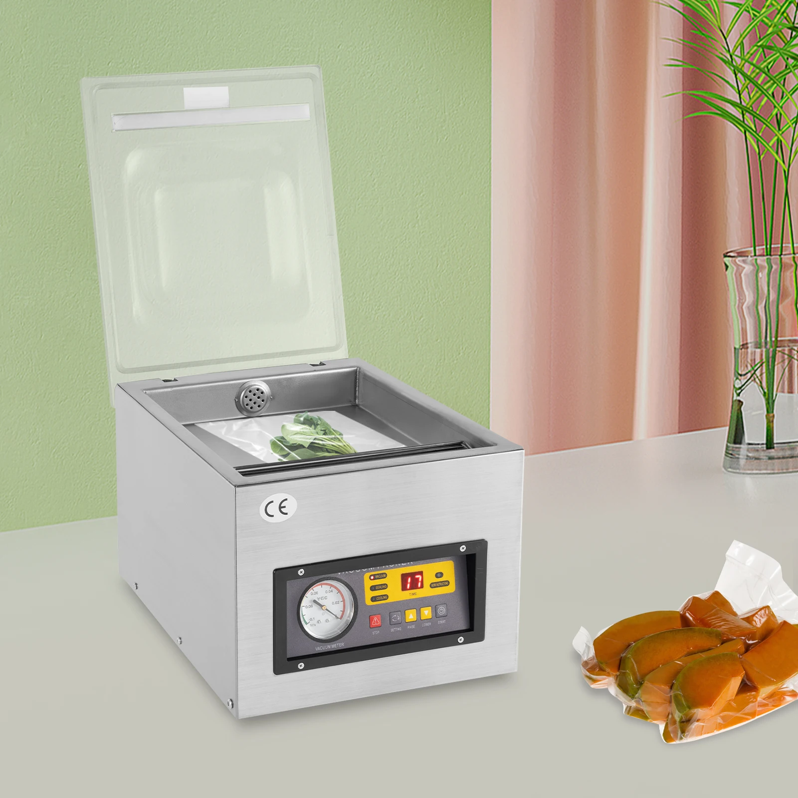 Automatic Chamber Vacuum Sealer Silver 120W Copper Motor 2CFM Commercial Sealing 3-in-1 Function for Food Preservation