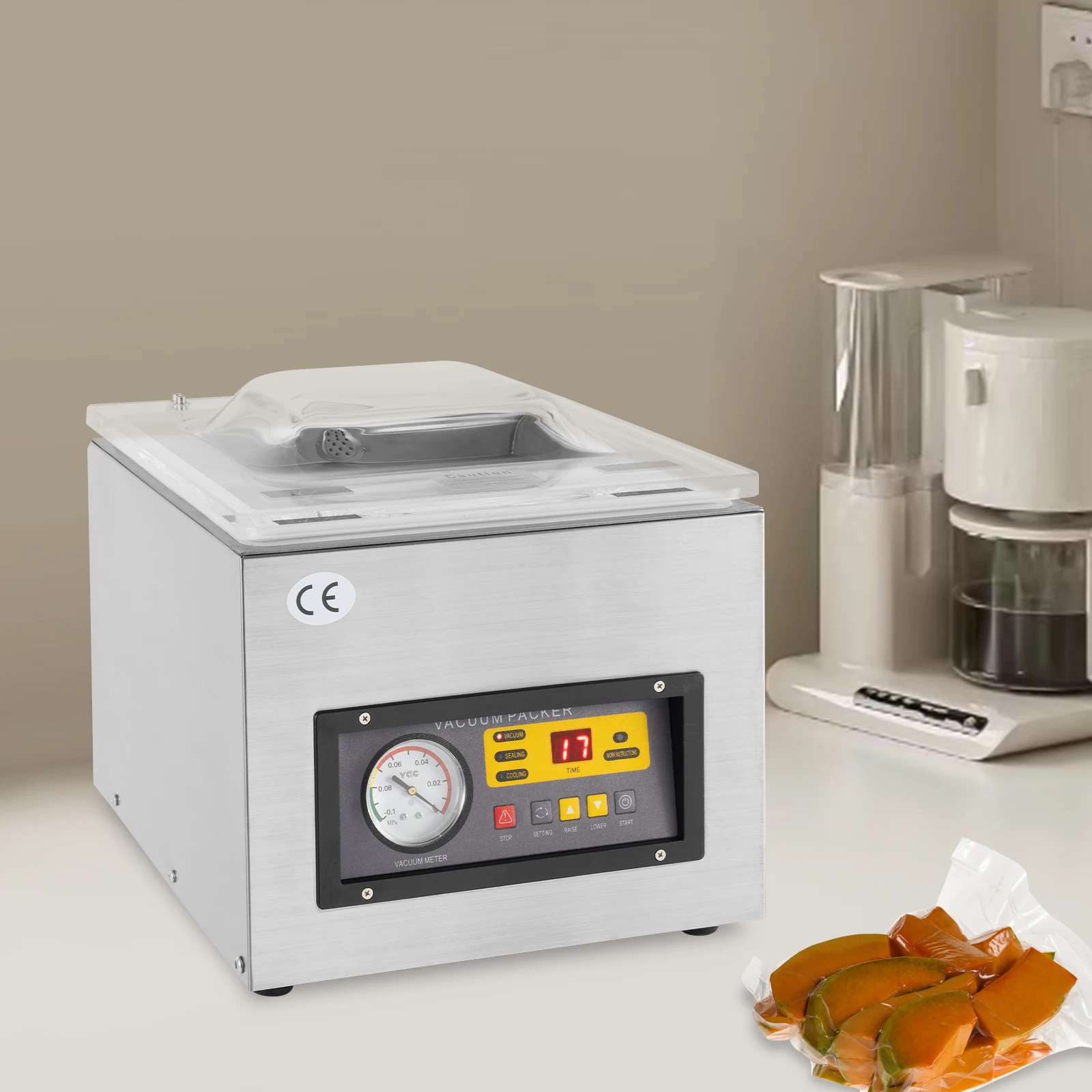 Automatic Chamber Vacuum Sealer Silver 120W Copper Motor 2CFM Commercial Sealing 3-in-1 Function for Food Preservation