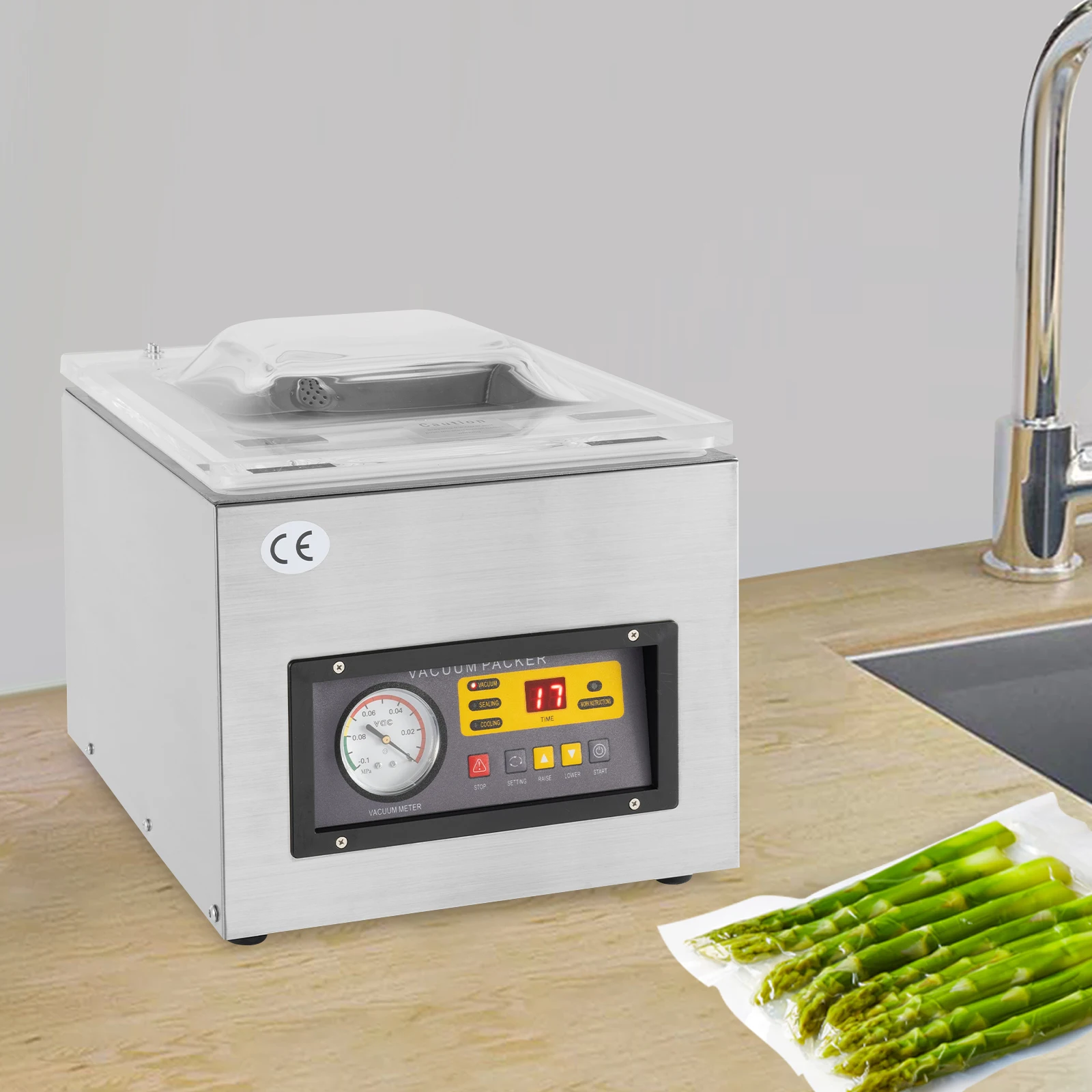 Automatic Chamber Vacuum Sealer Silver 120W Copper Motor 2CFM Commercial Sealing 3-in-1 Function for Food Preservation