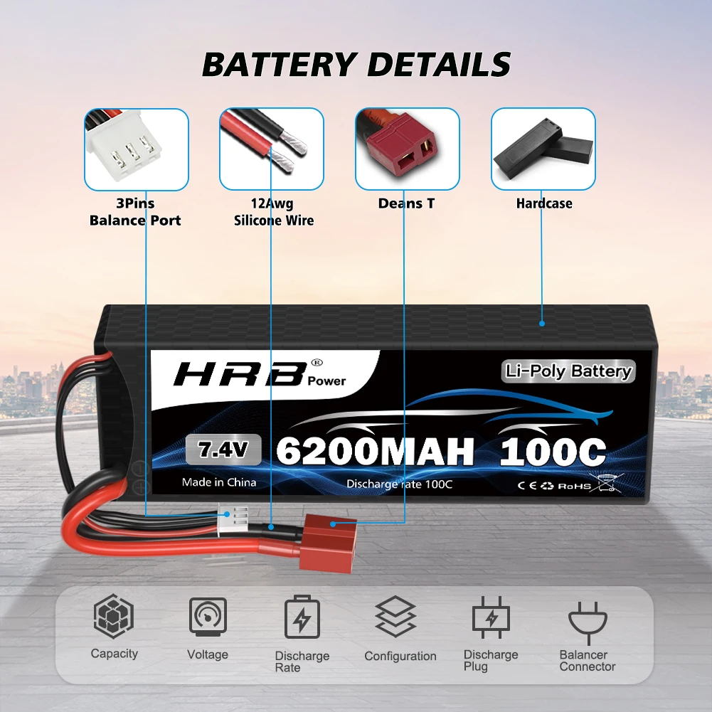 HRB 2S RC Lipo 7.4V 5200mah 6200mah 6500mah RC Car Lipo Battery Hard case 100C With Deans T Plug for RC Car Truck Monster