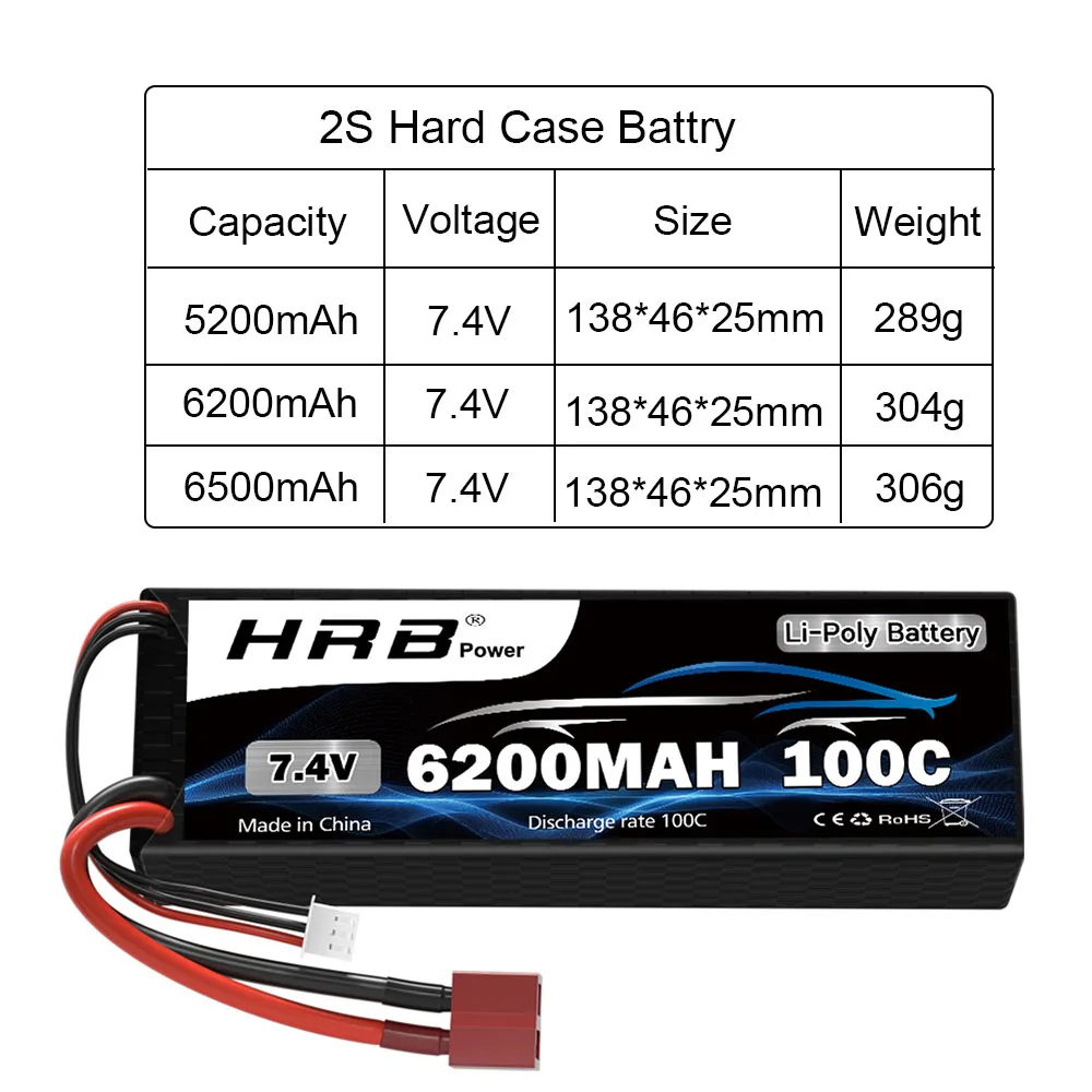 HRB 2S RC Lipo 7.4V 5200mah 6200mah 6500mah RC Car Lipo Battery Hard case 100C With Deans T Plug for RC Car Truck Monster