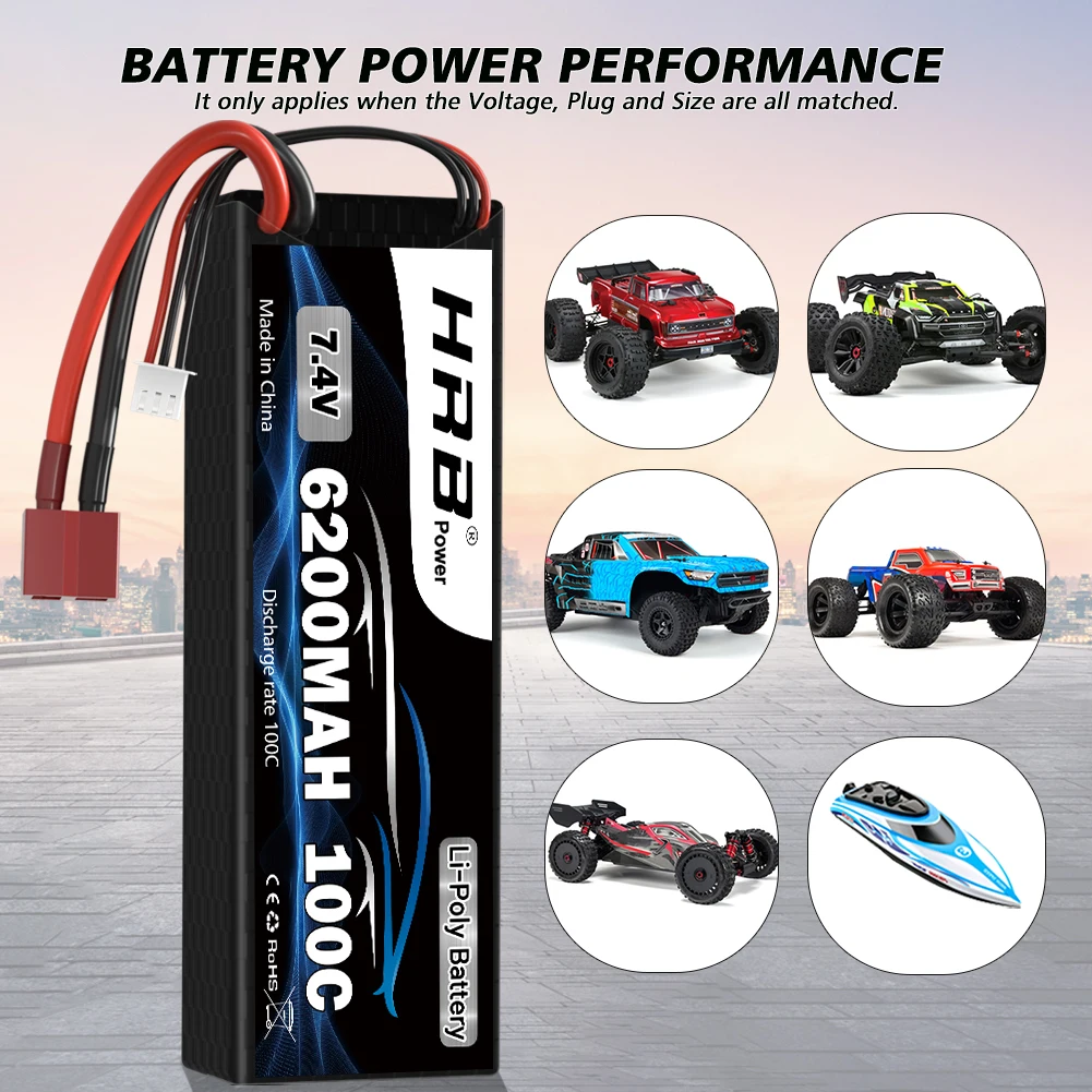 HRB 2S RC Lipo 7.4V 5200mah 6200mah 6500mah RC Car Lipo Battery Hard case 100C With Deans T Plug for RC Car Truck Monster