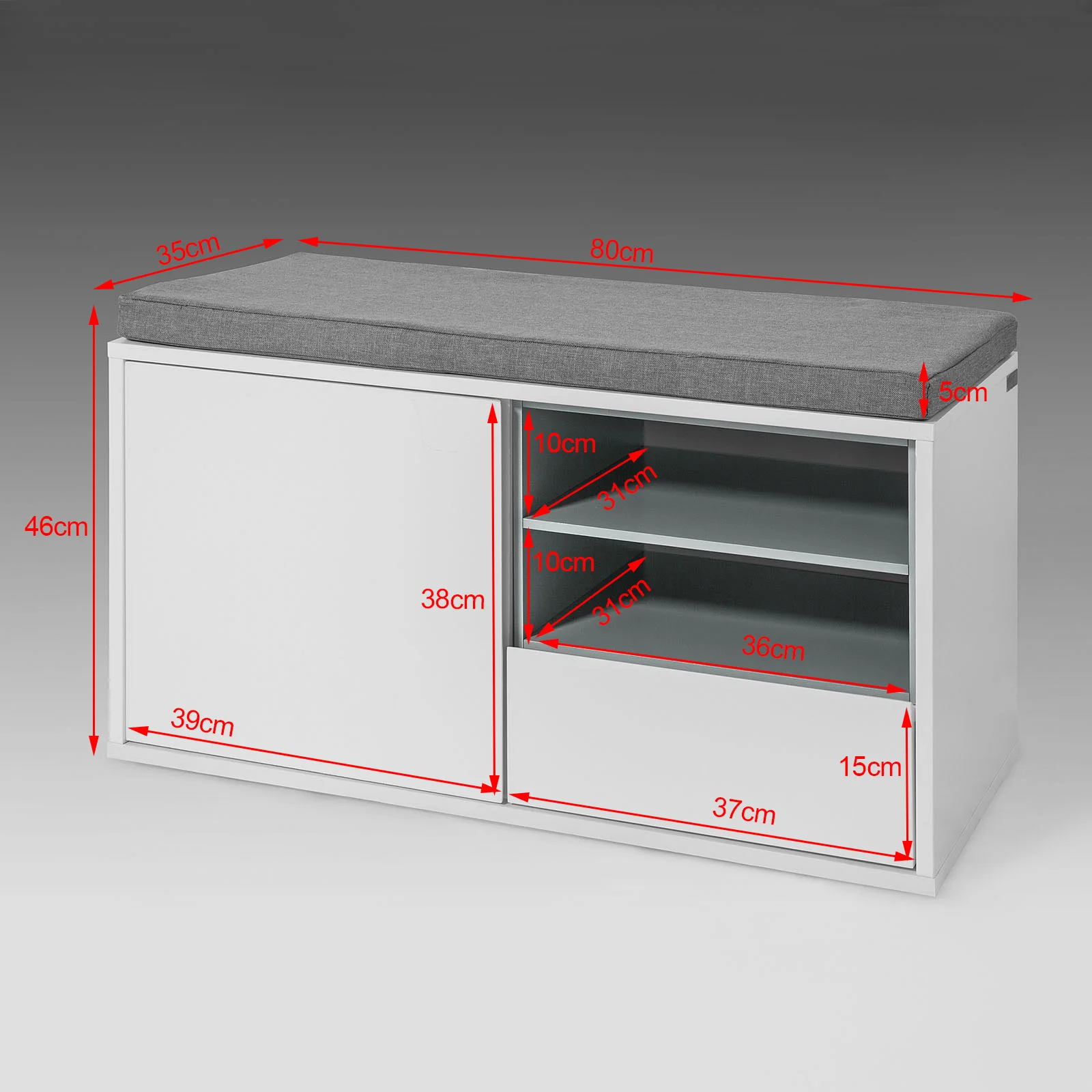 SoBuy FSR37-W bench with seat cushion, bed bench, shoe cabinet, coat rack bench, white, dimensions approximately: 80x46x35cm
